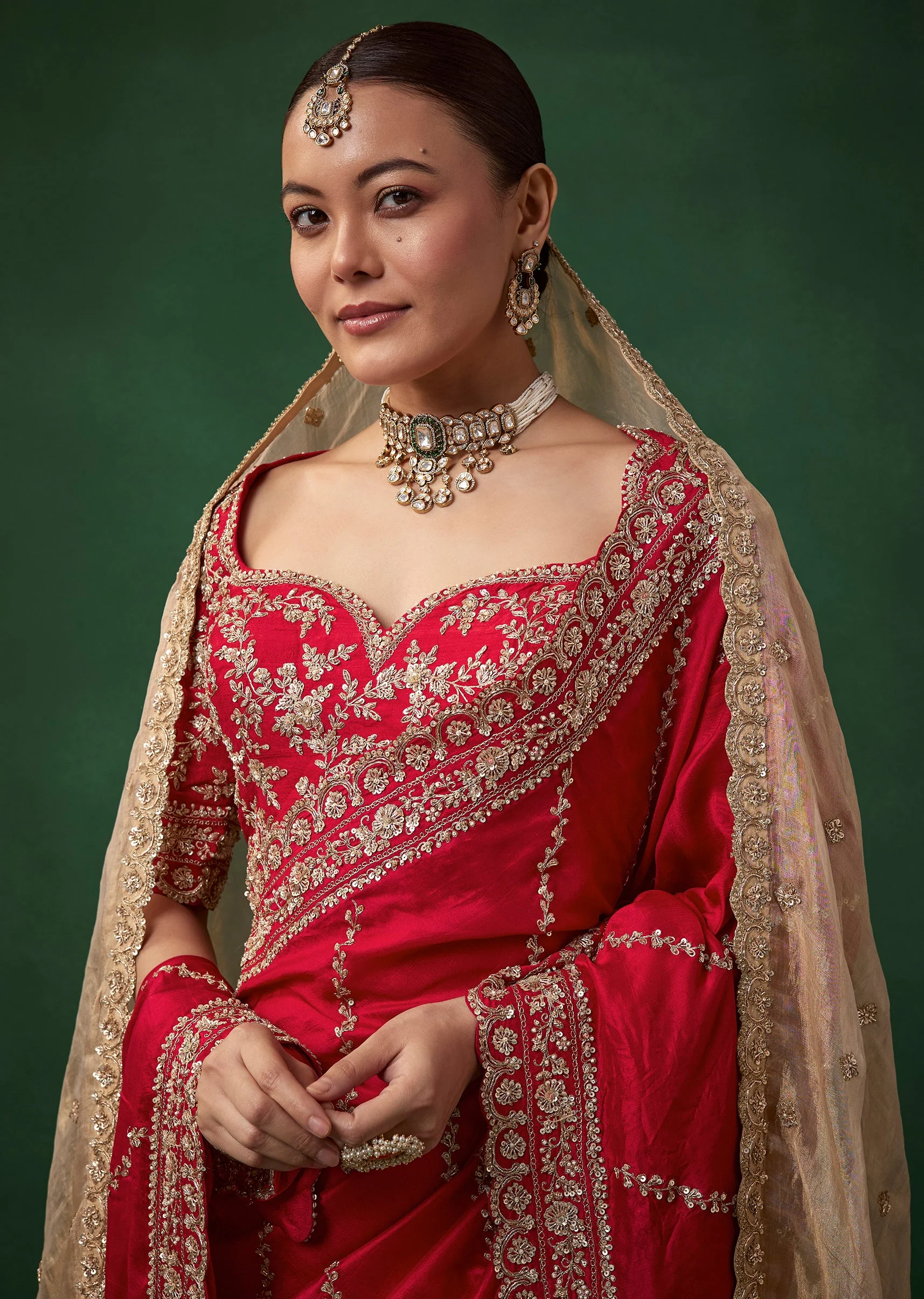 Red Bridal Silk Embroidered Saree with Unstitched Blouse - Image 2
