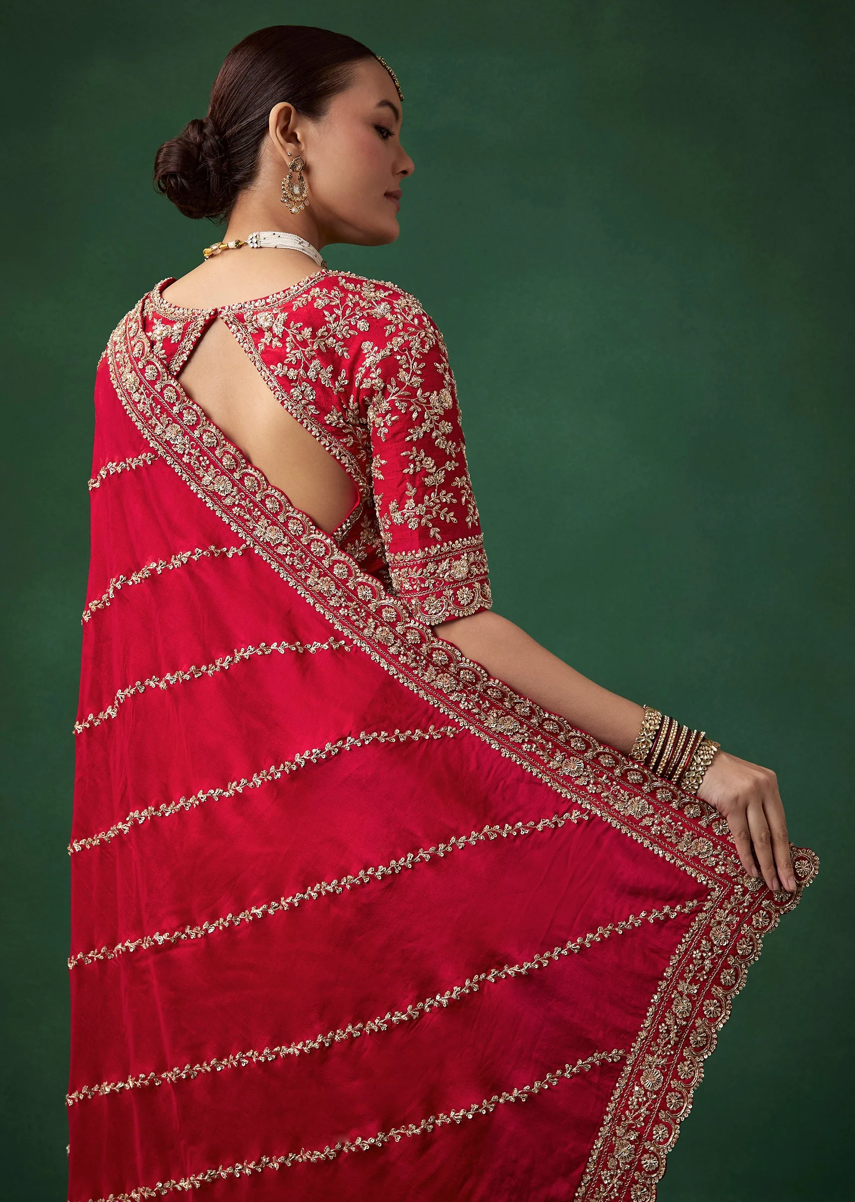 Red Bridal Silk Embroidered Saree with Unstitched Blouse - Image 6