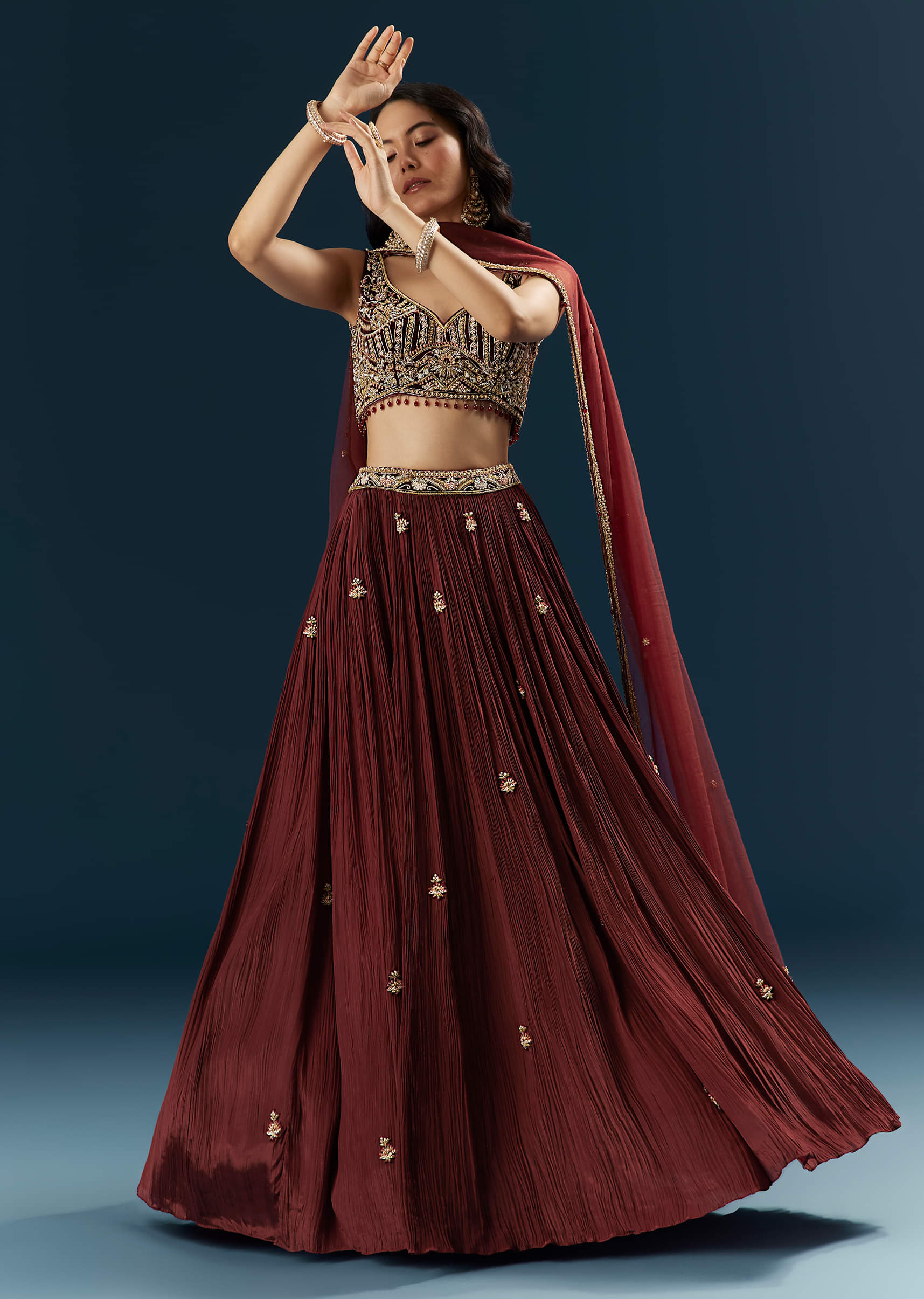 Red Crepe Bridesmaid Lehenga With Heavy Embroidery - Image 4