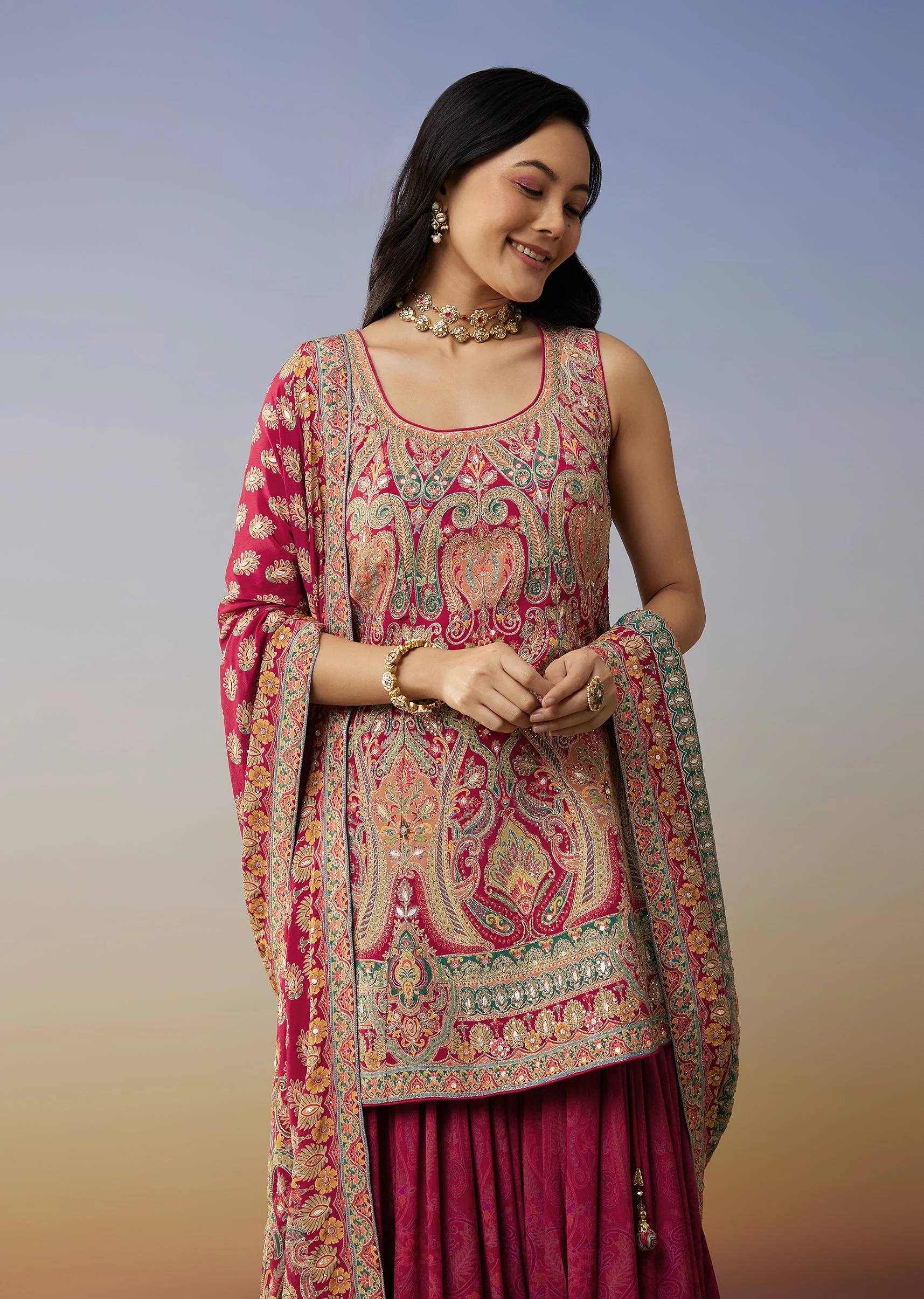Red Crepe Palazzo Suits with Gotta and Stone Work - Image 4