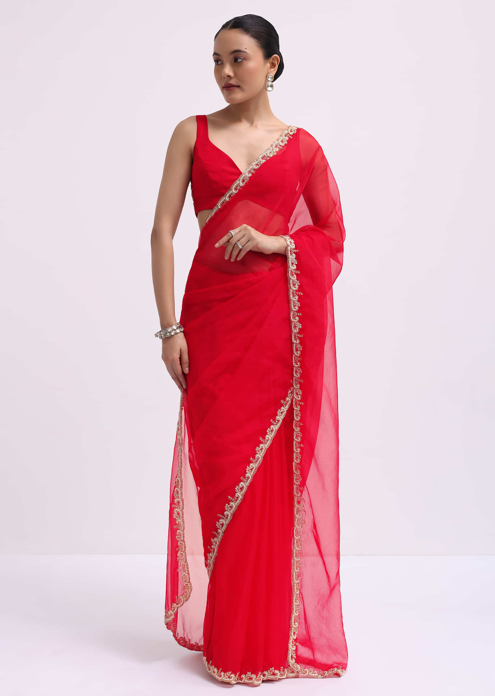 Red Cut Work Organza Saree With Unstitched Blouse - Image 2
