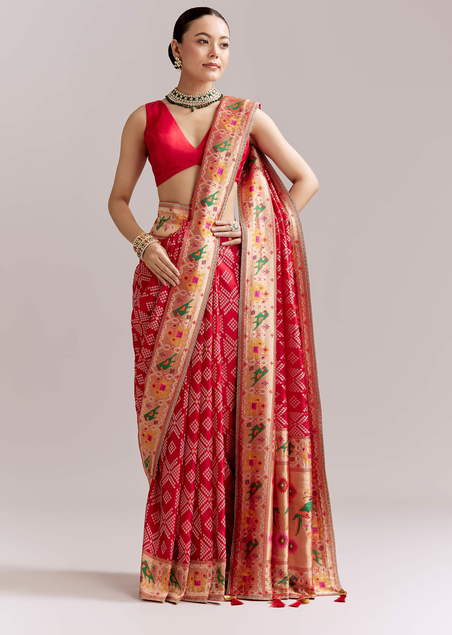 Red Dola Silk Woven Saree With Bandhani Motifs And Zari Border - Image 10