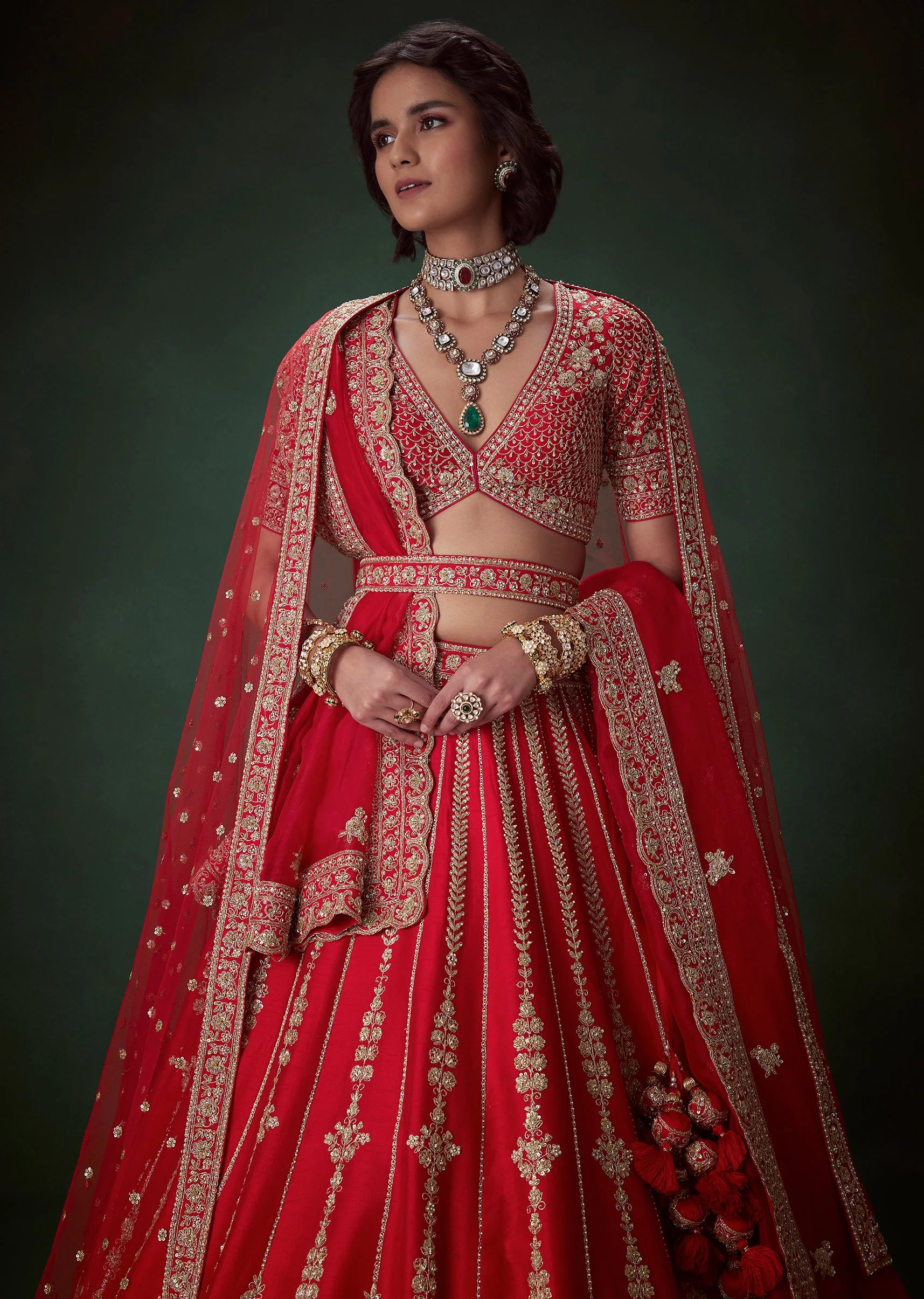 Red Embellished Satin Bridal Lehenga Set with Belt - Image 6