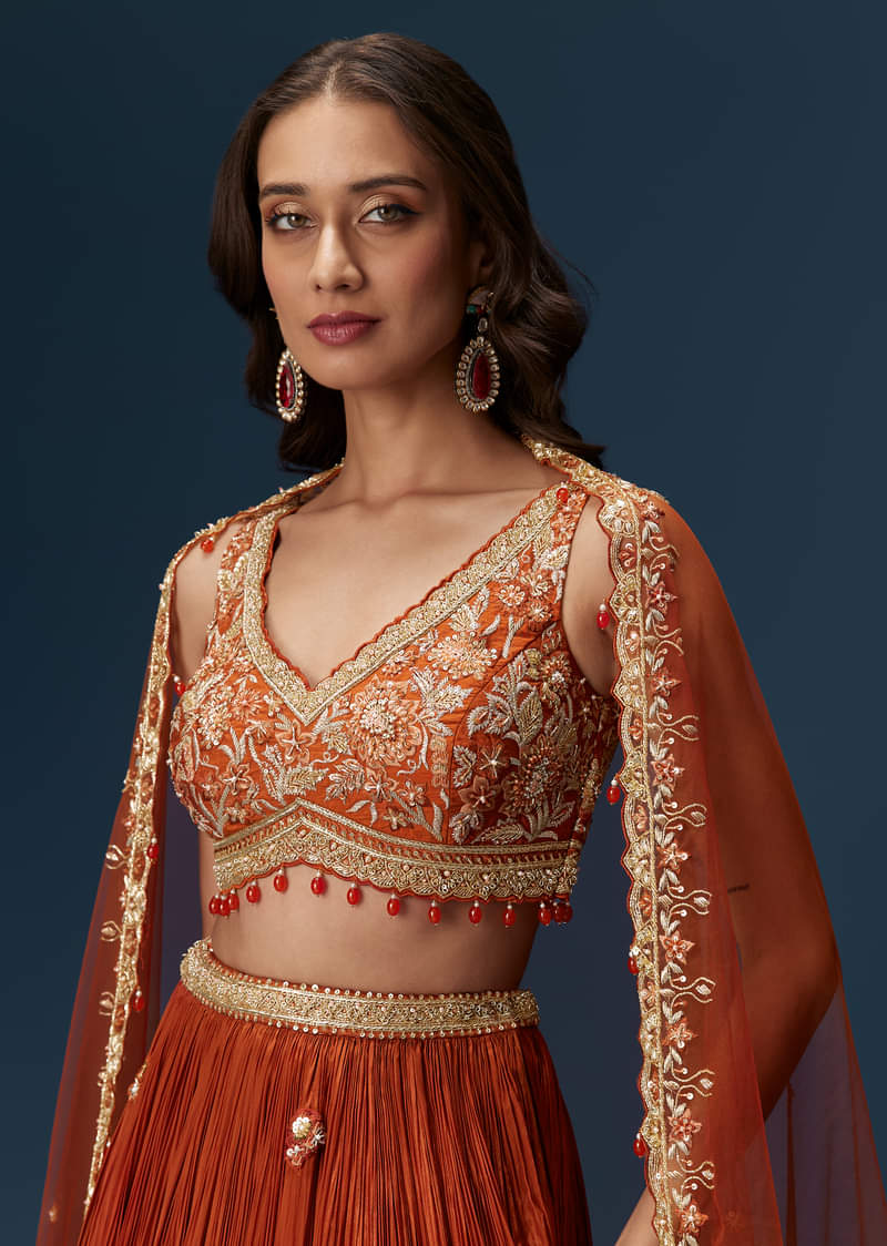 Red Embroidered Bridesmaid Lehenga With Dupatta - Image 5