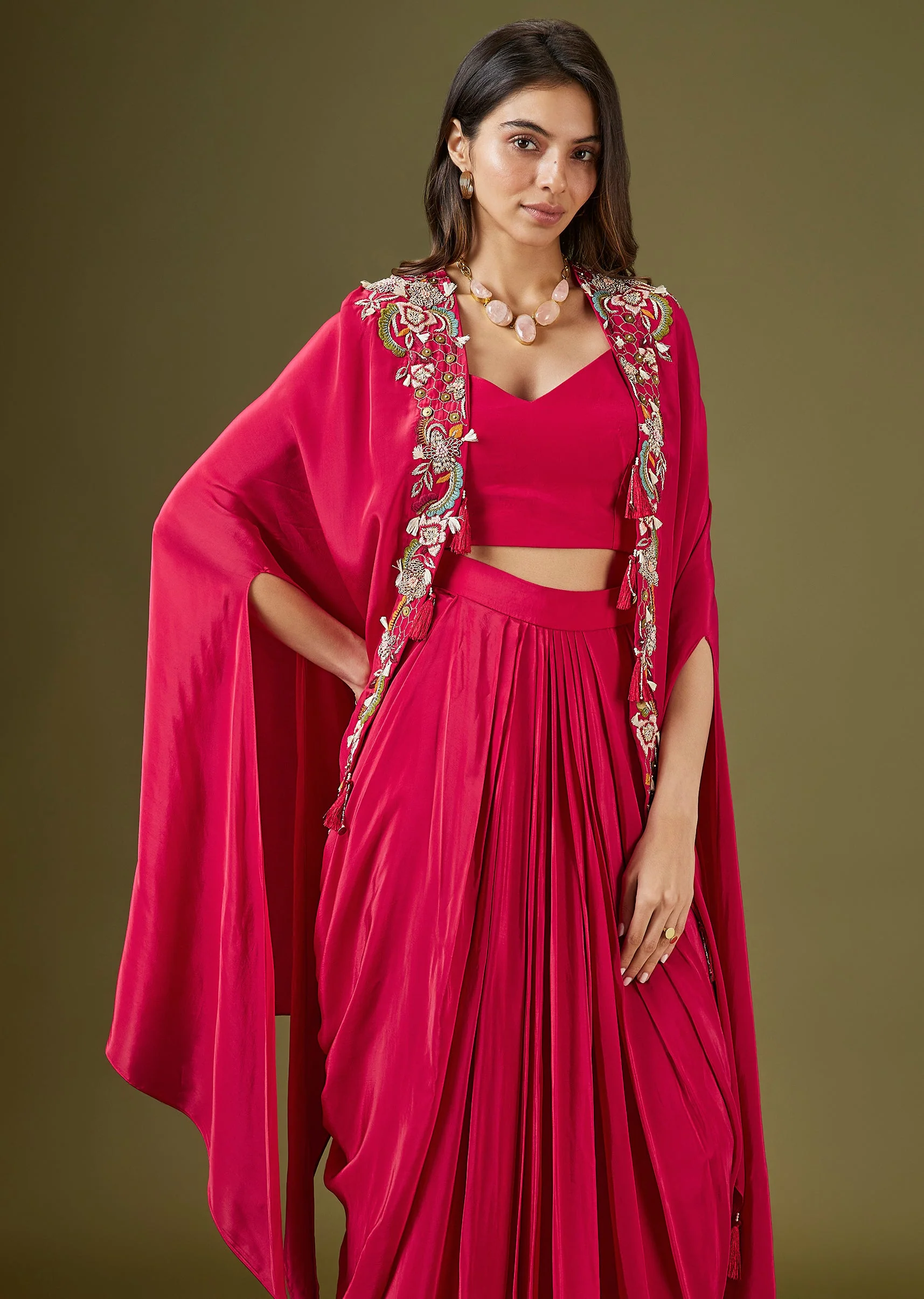 Red Embroidered Cape Skirt Set - Image 4