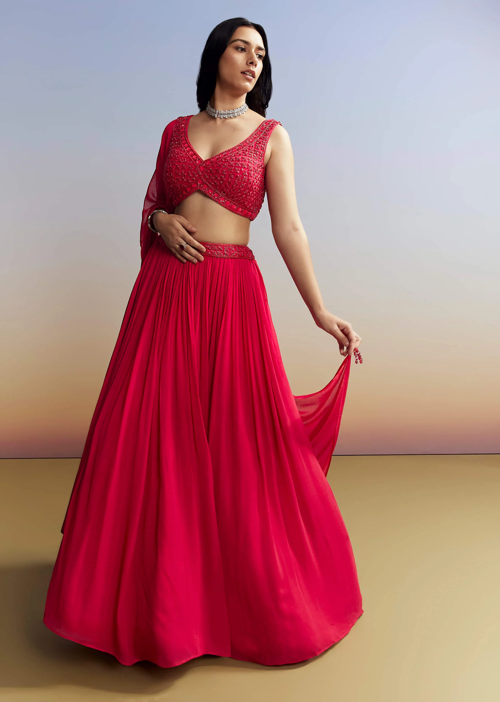 Red Georgette Lehenga with Cut Dana Choli - Image 6