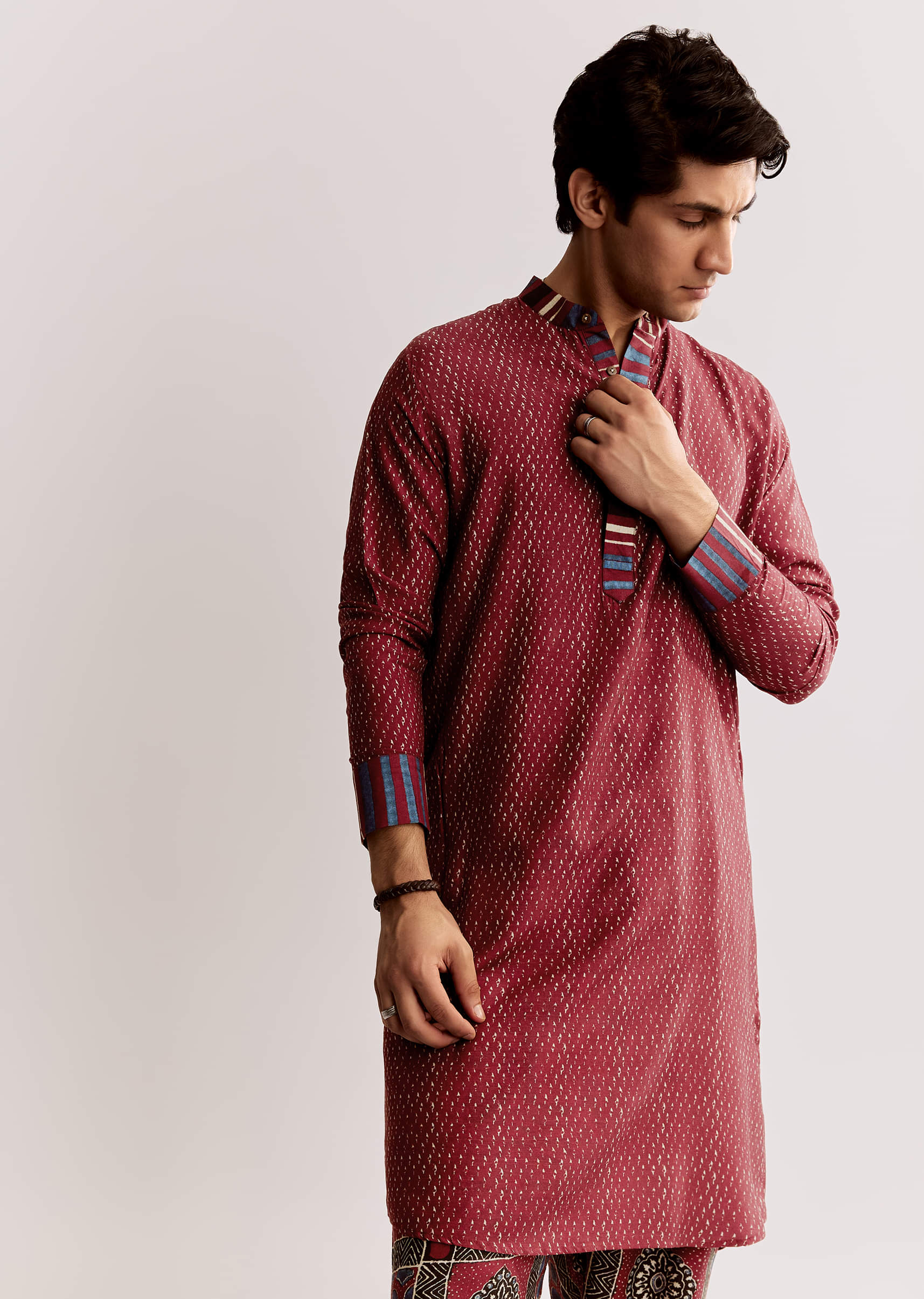 Red Linen Kurta With Ajrakh Print Pants - Image 2