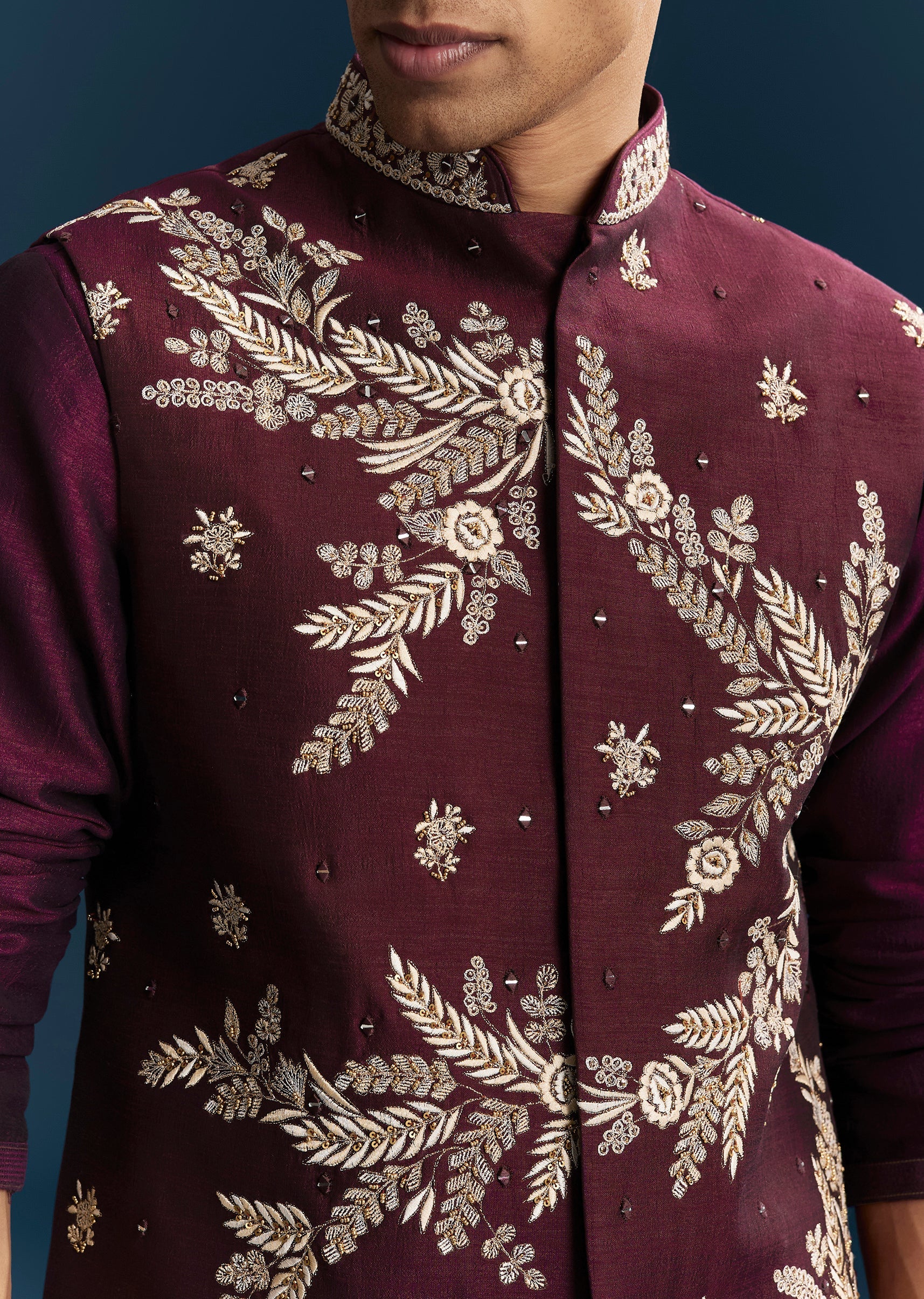 Red Maroon Silk Kurta Jacket Set With Thread Mirror Sequin Bead Work - Image 2