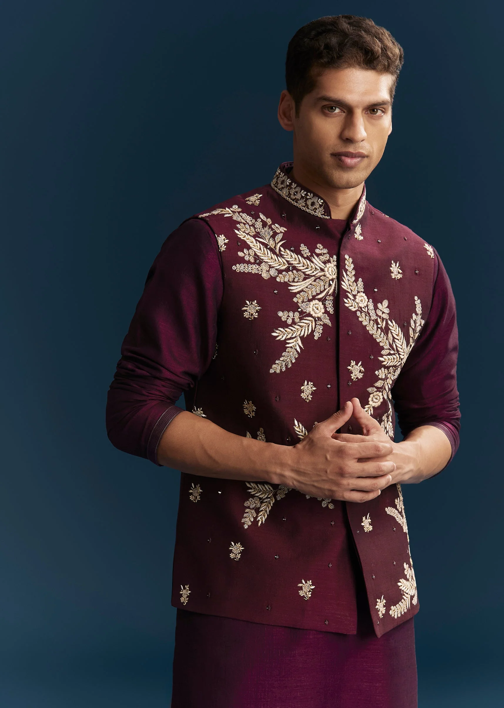 Red Maroon Silk Kurta Jacket Set With Thread Mirror Sequin Bead Work - Image 4