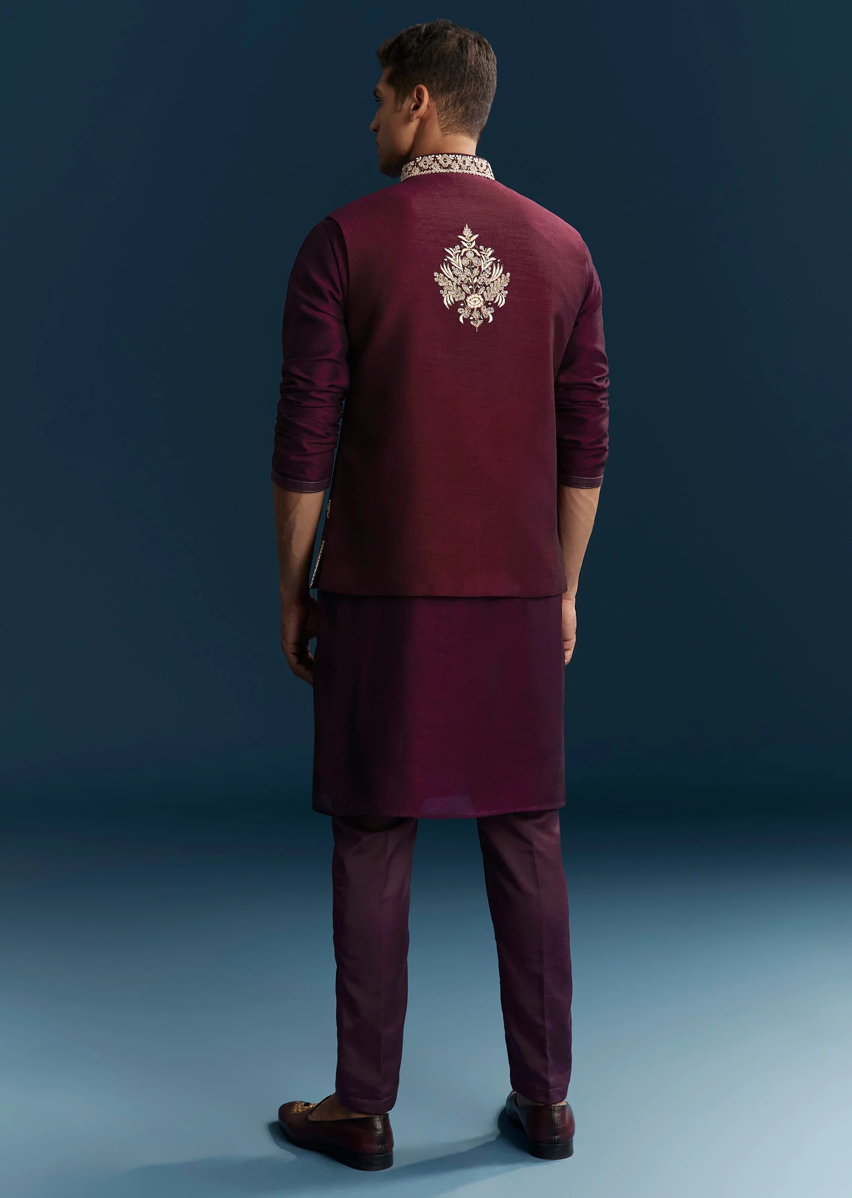 Red Maroon Silk Kurta Jacket Set With Thread Mirror Sequin Bead Work - Image 5