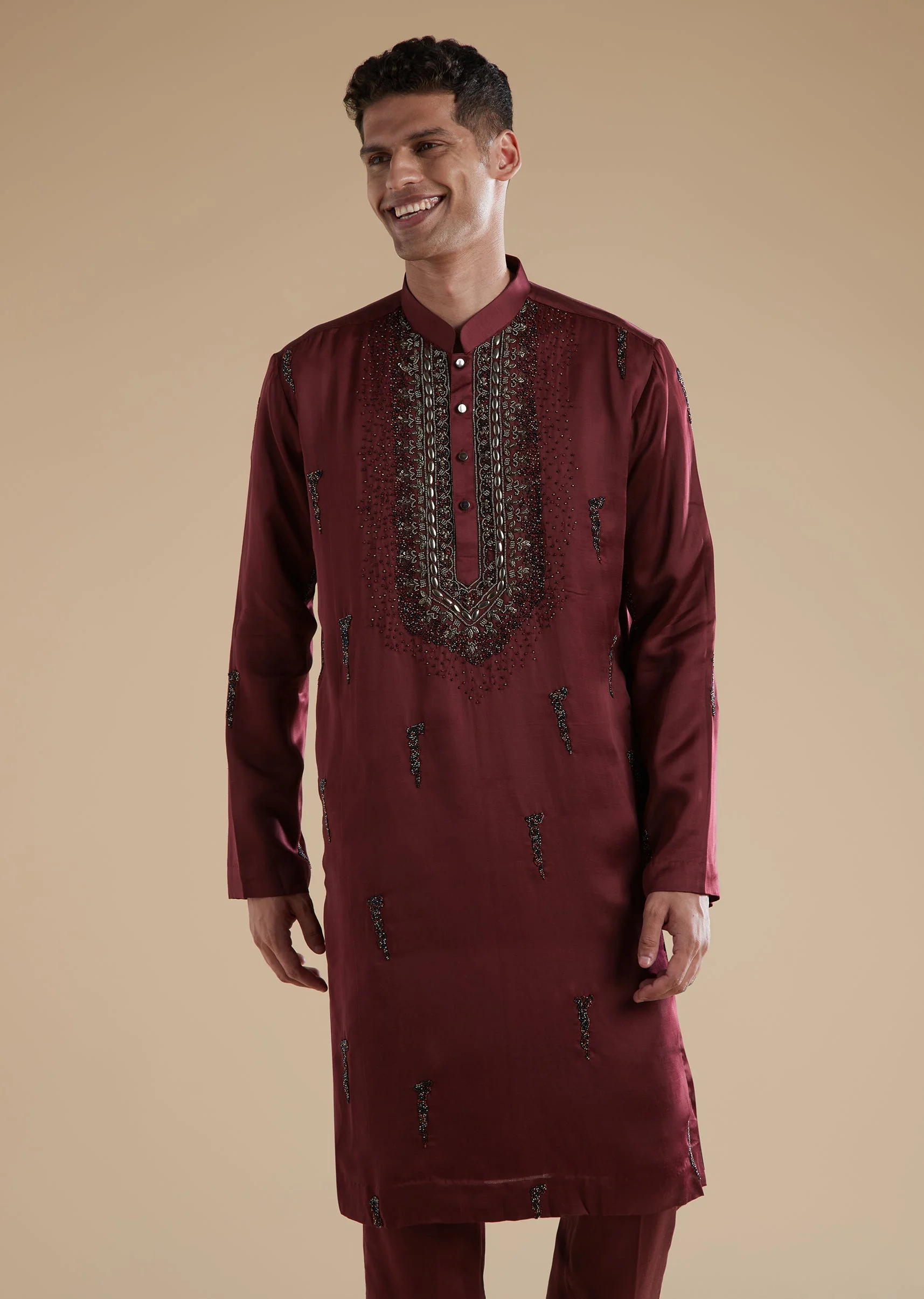 Red Maroon Silk Kurta Set With Metal Hand Embroidery - Image 5