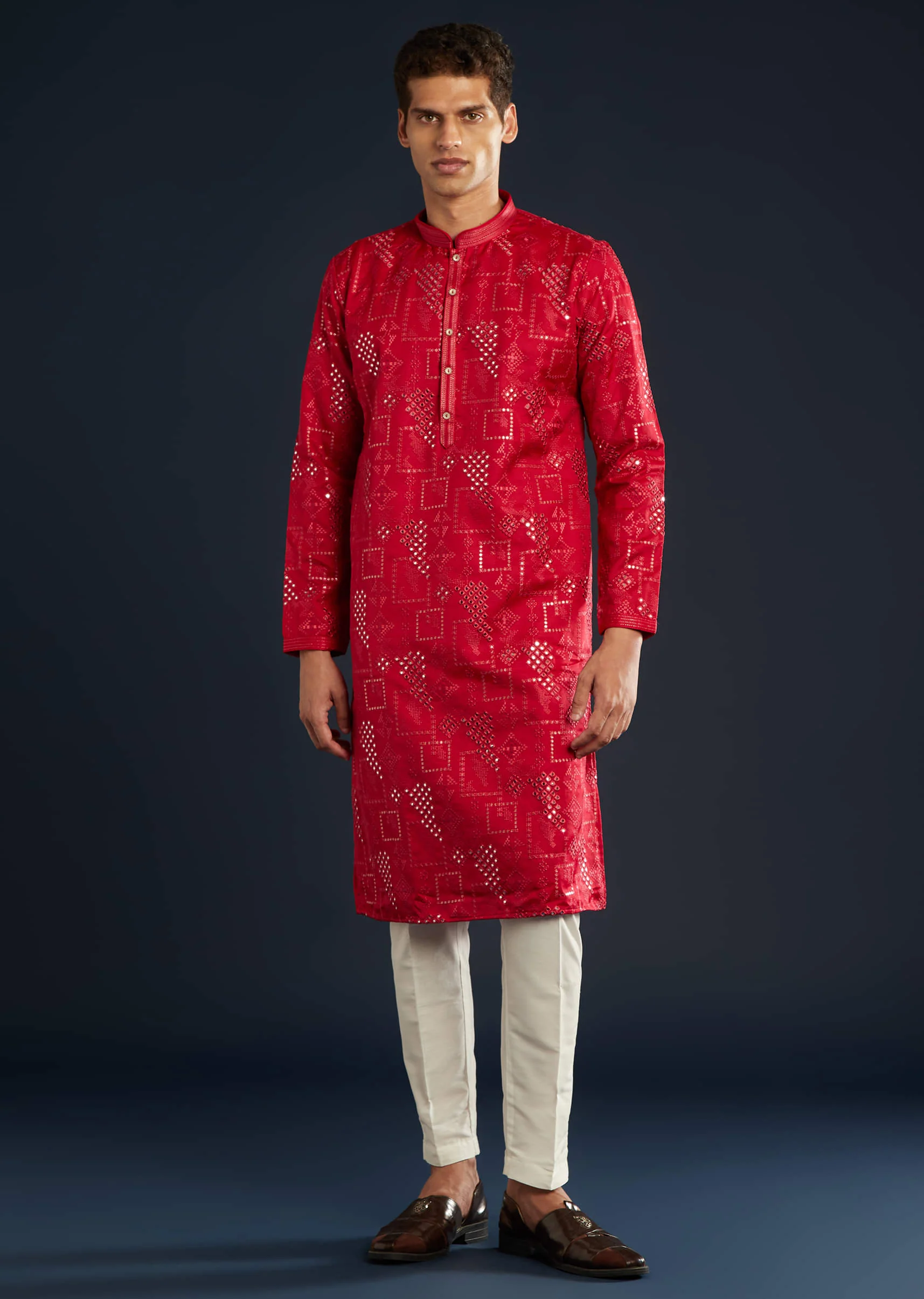 Red Mens Silk Abla Work Kurta Set - Image 3