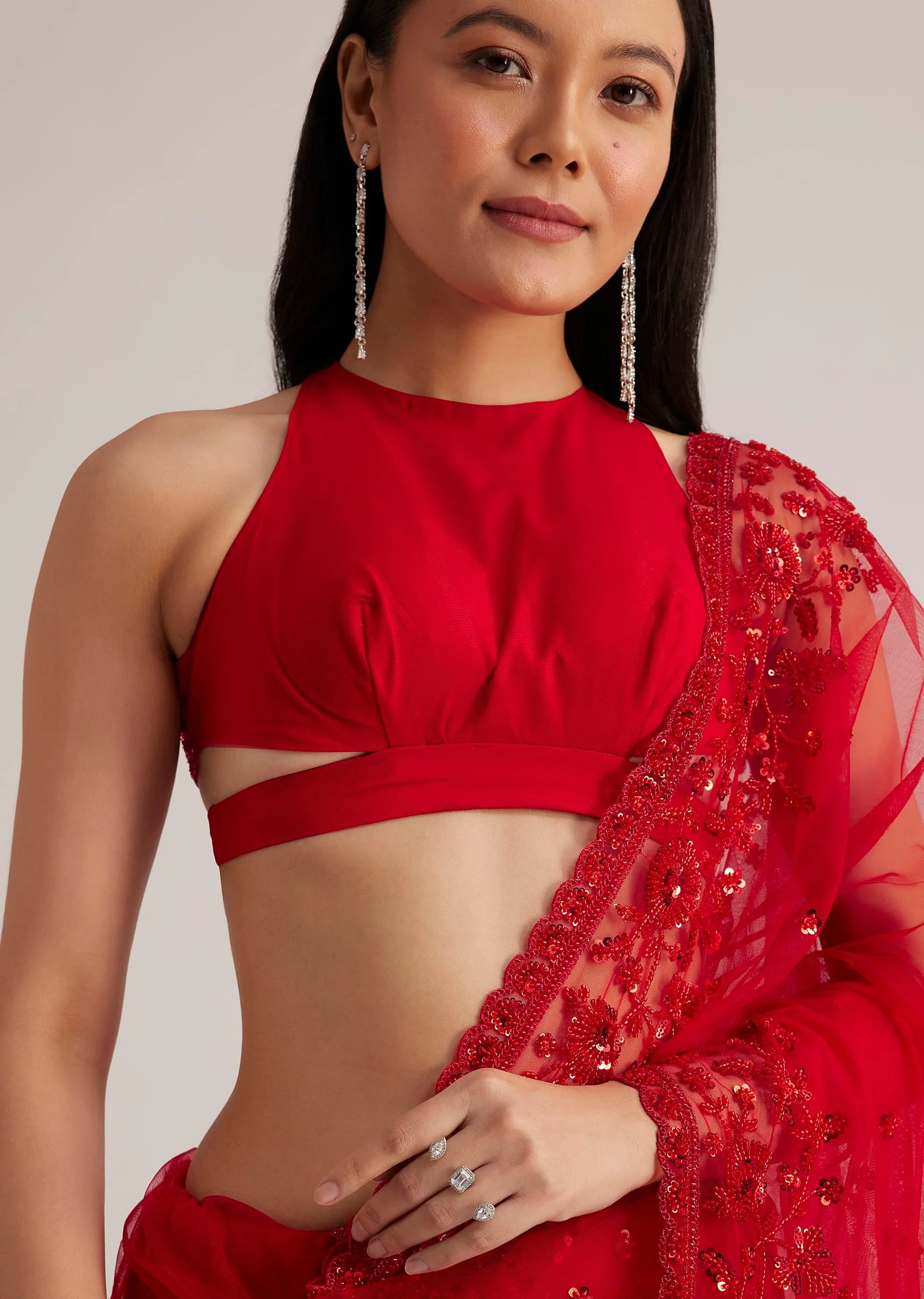 Red Net Saree With Sequins And Stones Embroidery - Image 2