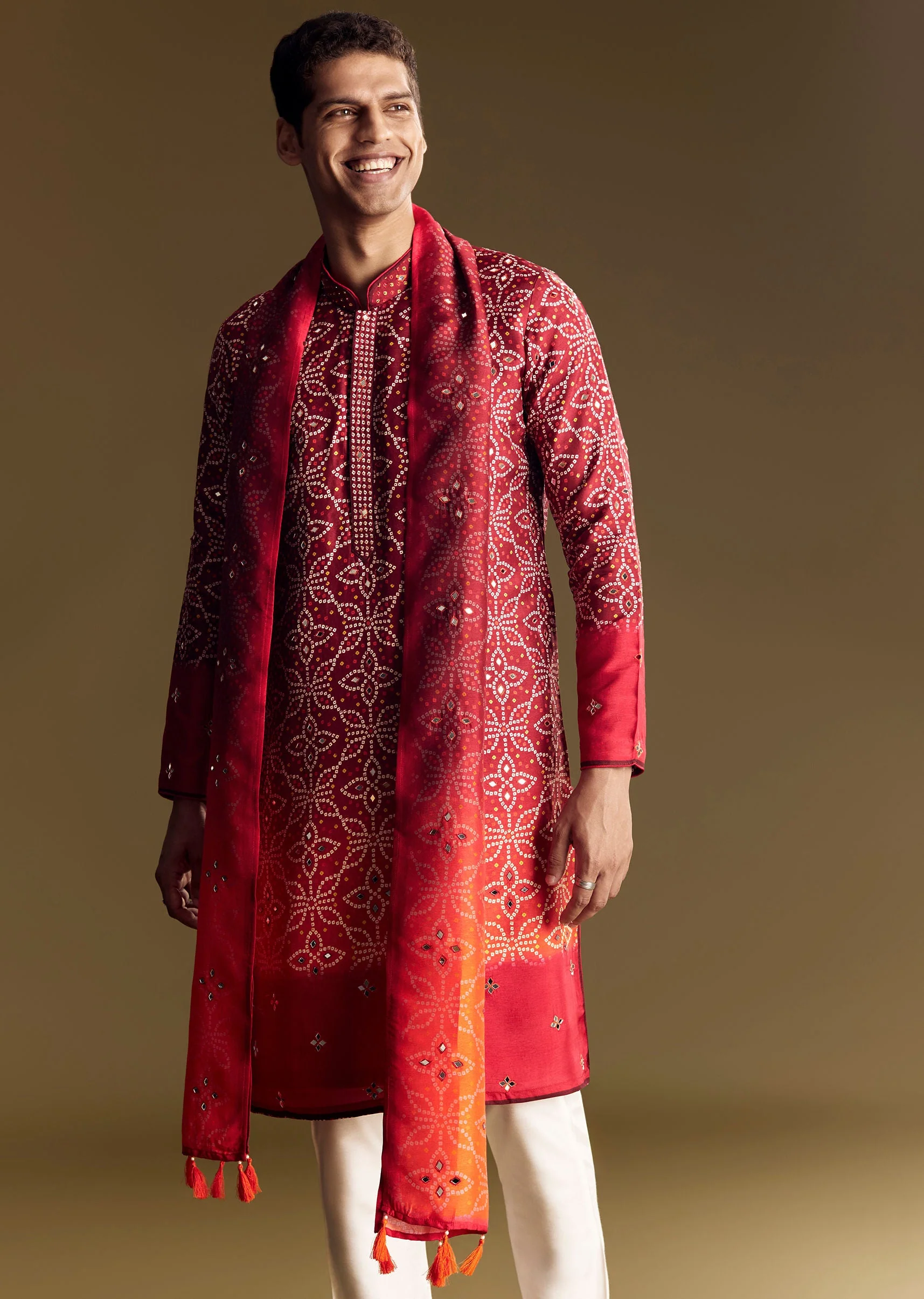Red Ombre Kurta Set With Detailed Mirror Work - Image 6