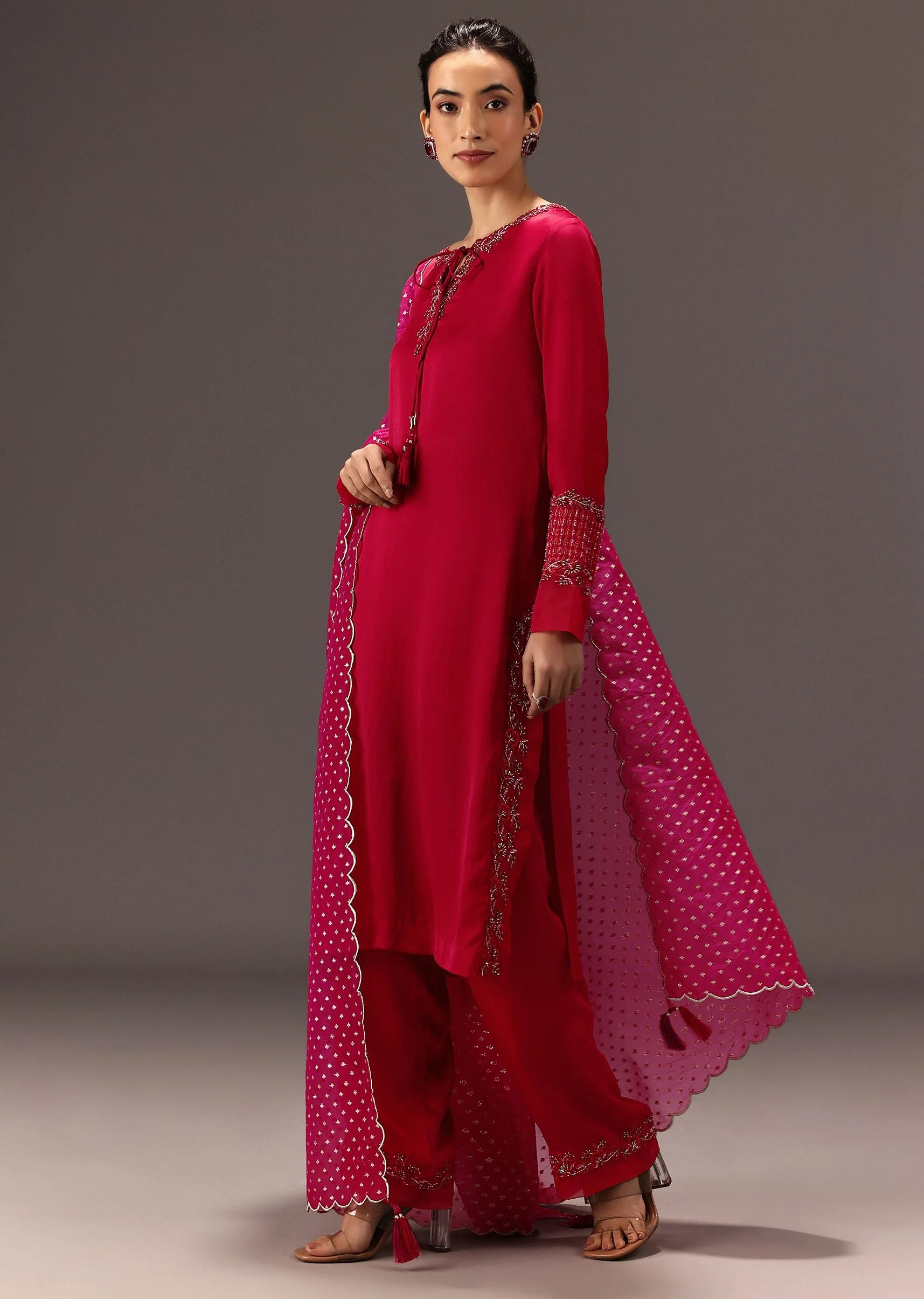 Red Organza Satin Hand Embroidered Kurta Set - Image 3