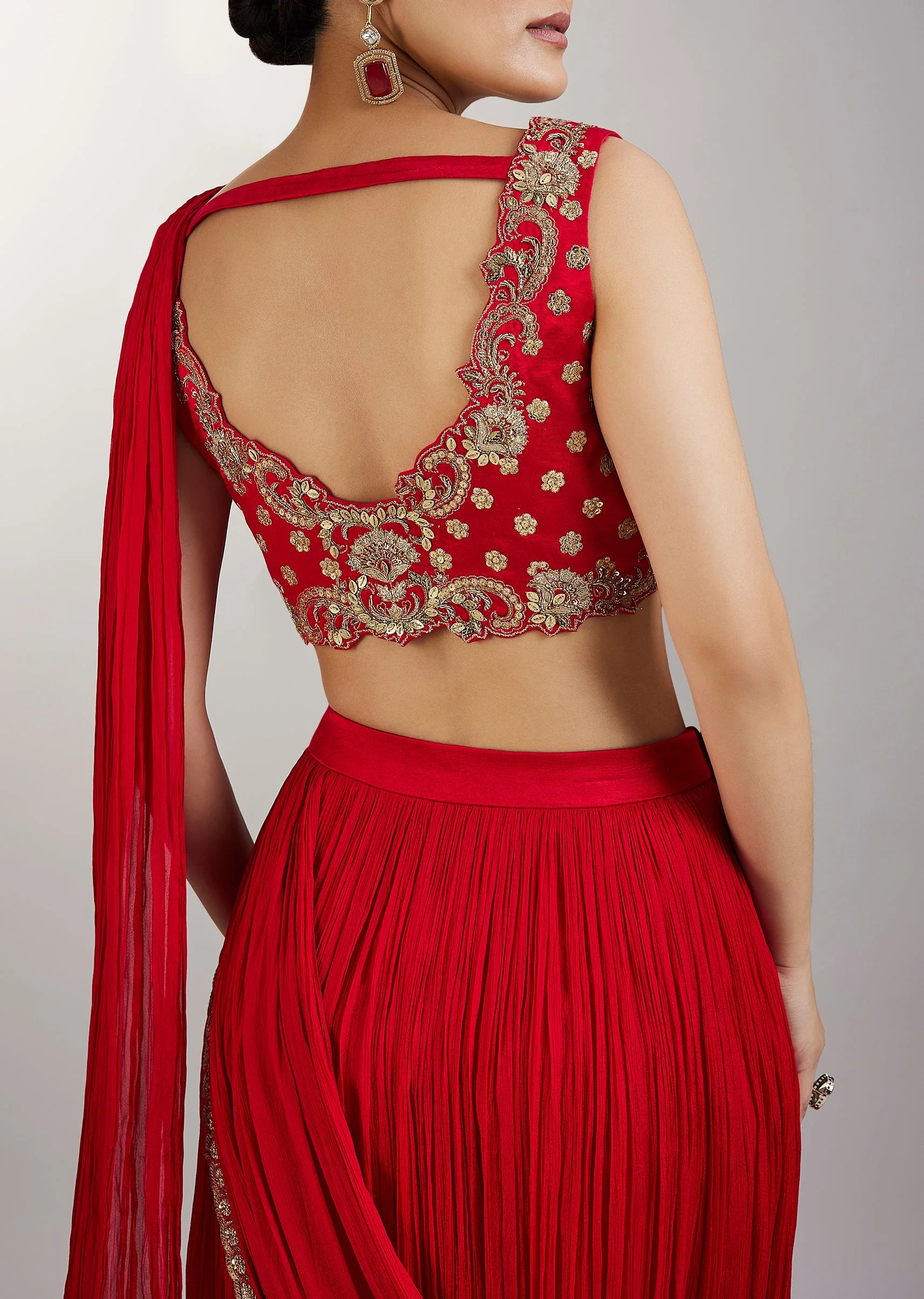 Red Pre Draped Saree With Zardosi Blouse - Image 6