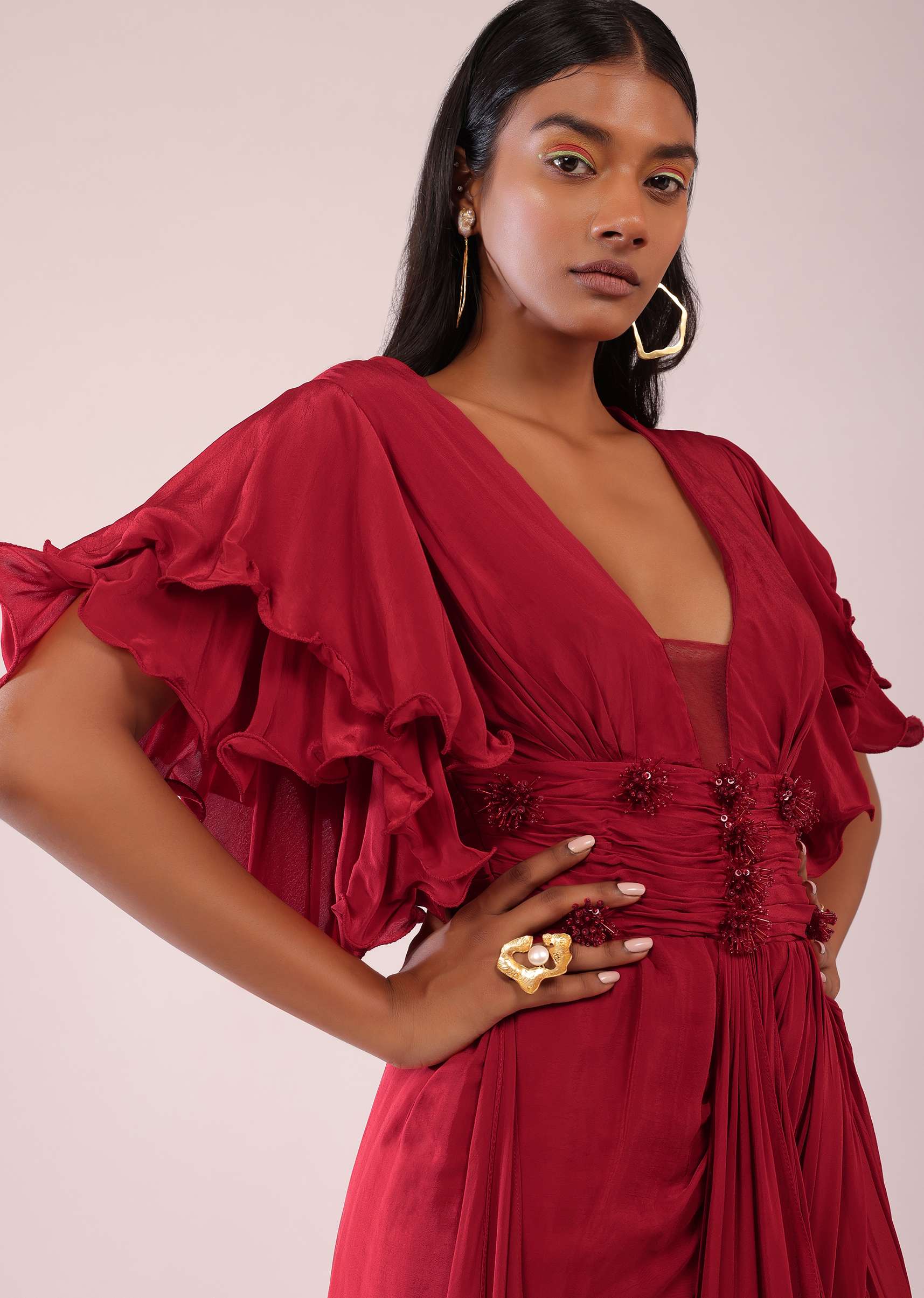 Red Saree Gown In Crepe With Frill Sleeves And Delicate Hand Embroidery - Image 5