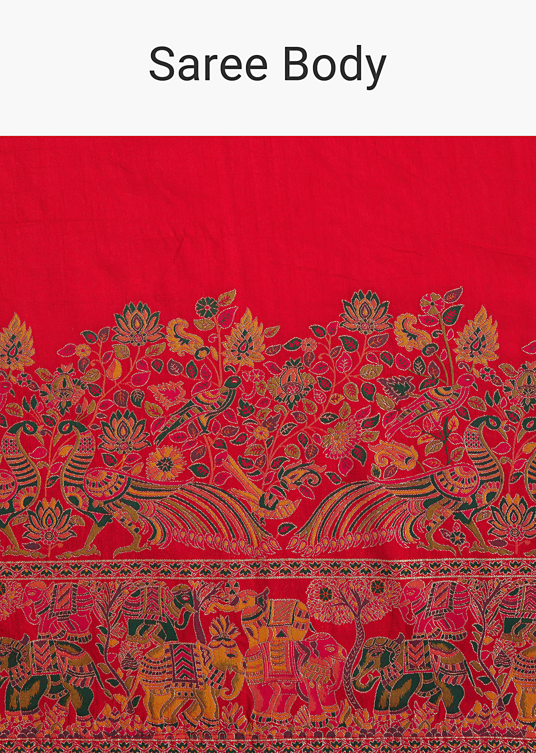 Red Saree With Traditional Floral And Animal Prints - Image 9