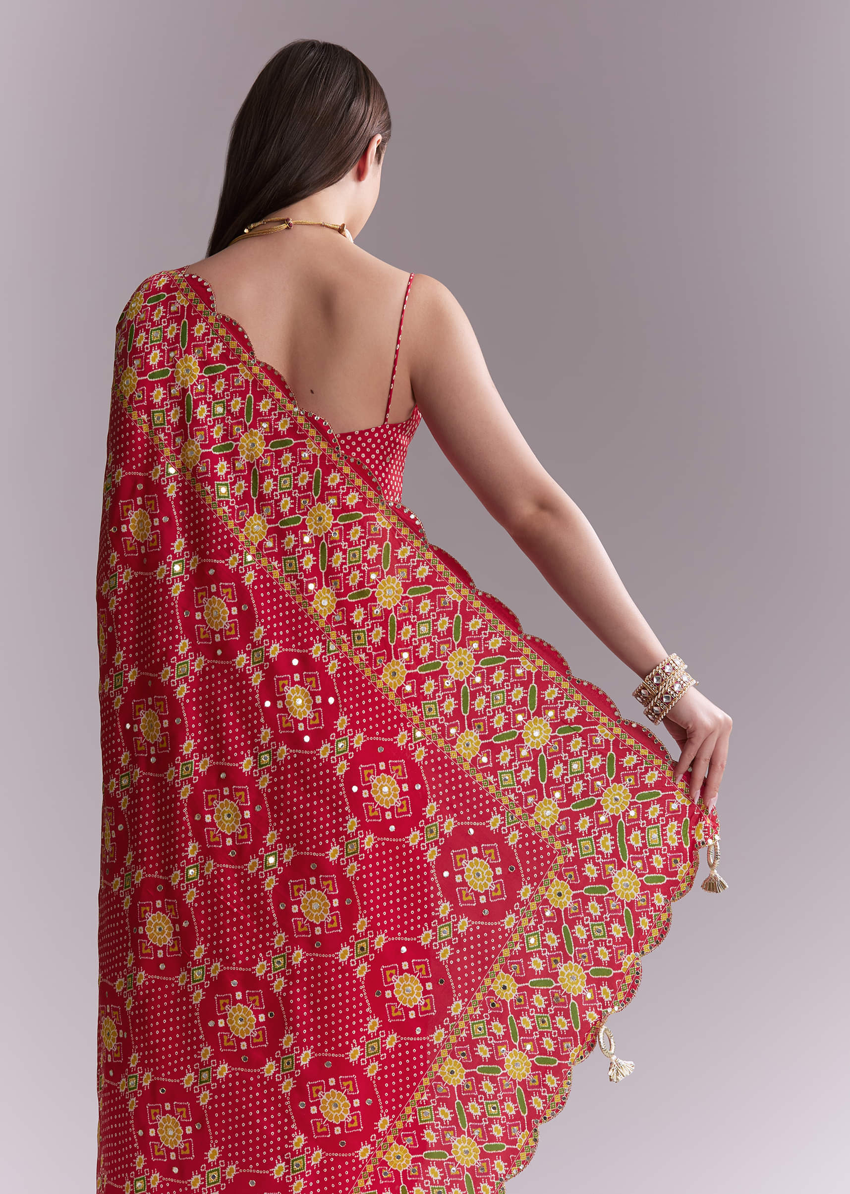 Red Satin Saree With Ikat Geometric Print And Mirror Work - Image 6