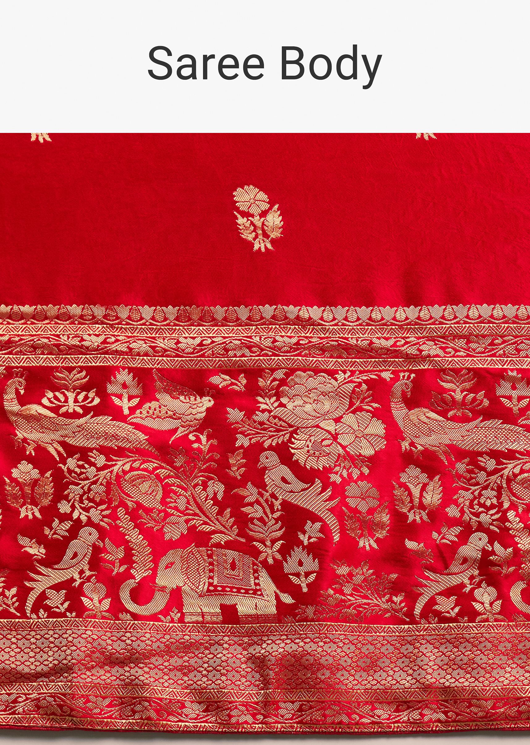 Red Satin Saree With Zari Weave - Image 8