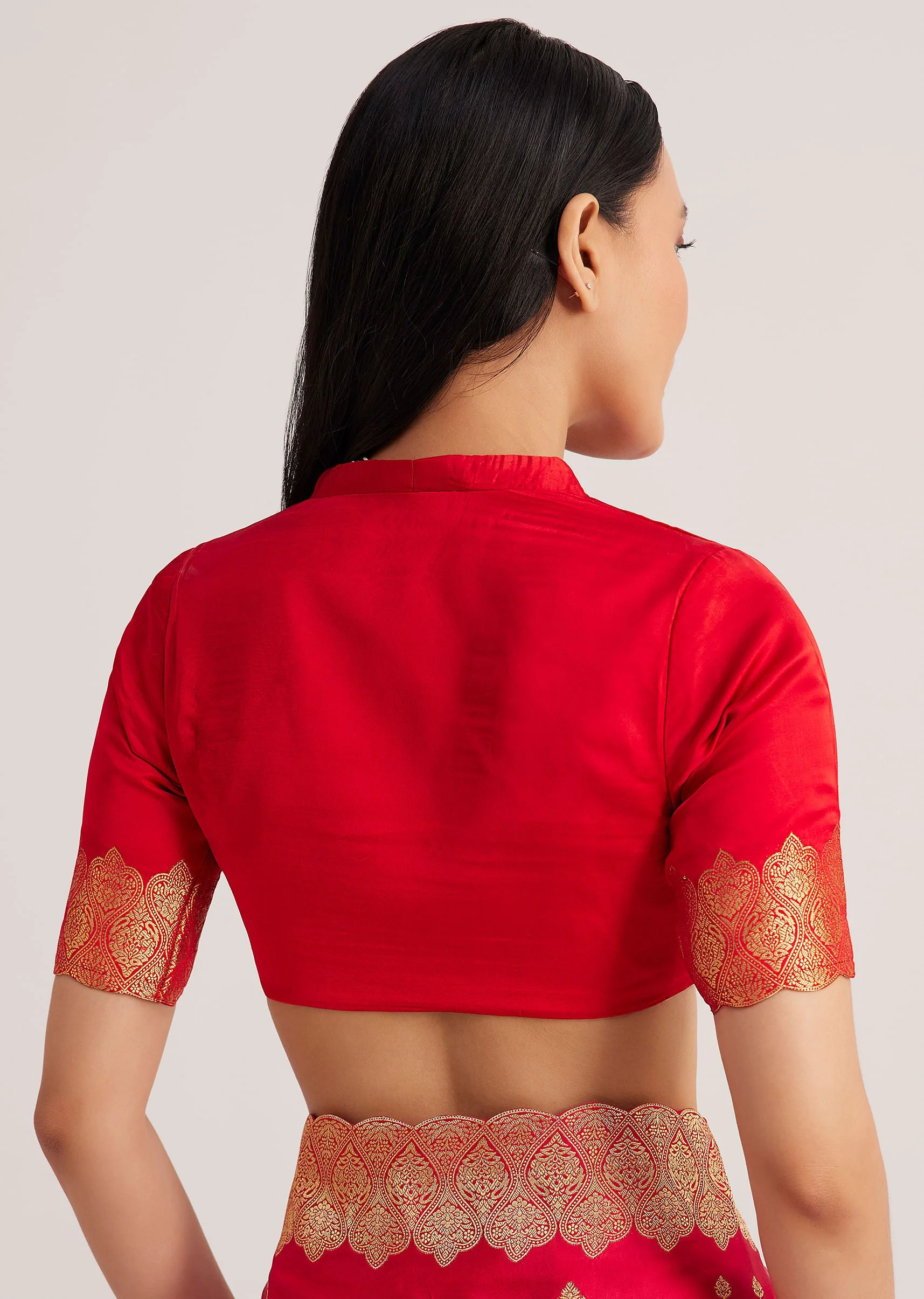 Red Satin Silk Butti Woven Saree With Scallop Brocade Border - Image 7