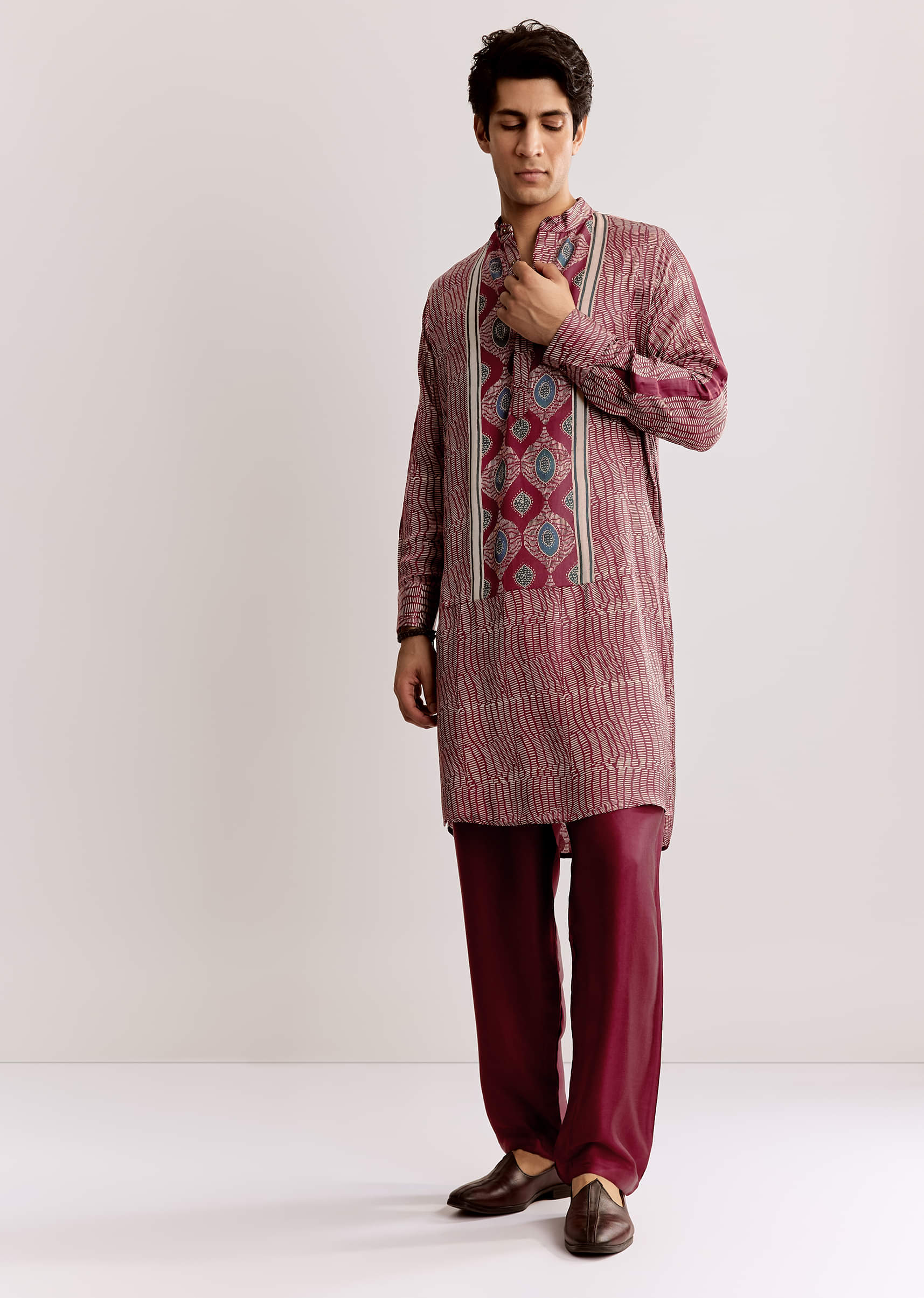 Red Silk Ajrakh Print Kurta Set - Image 4