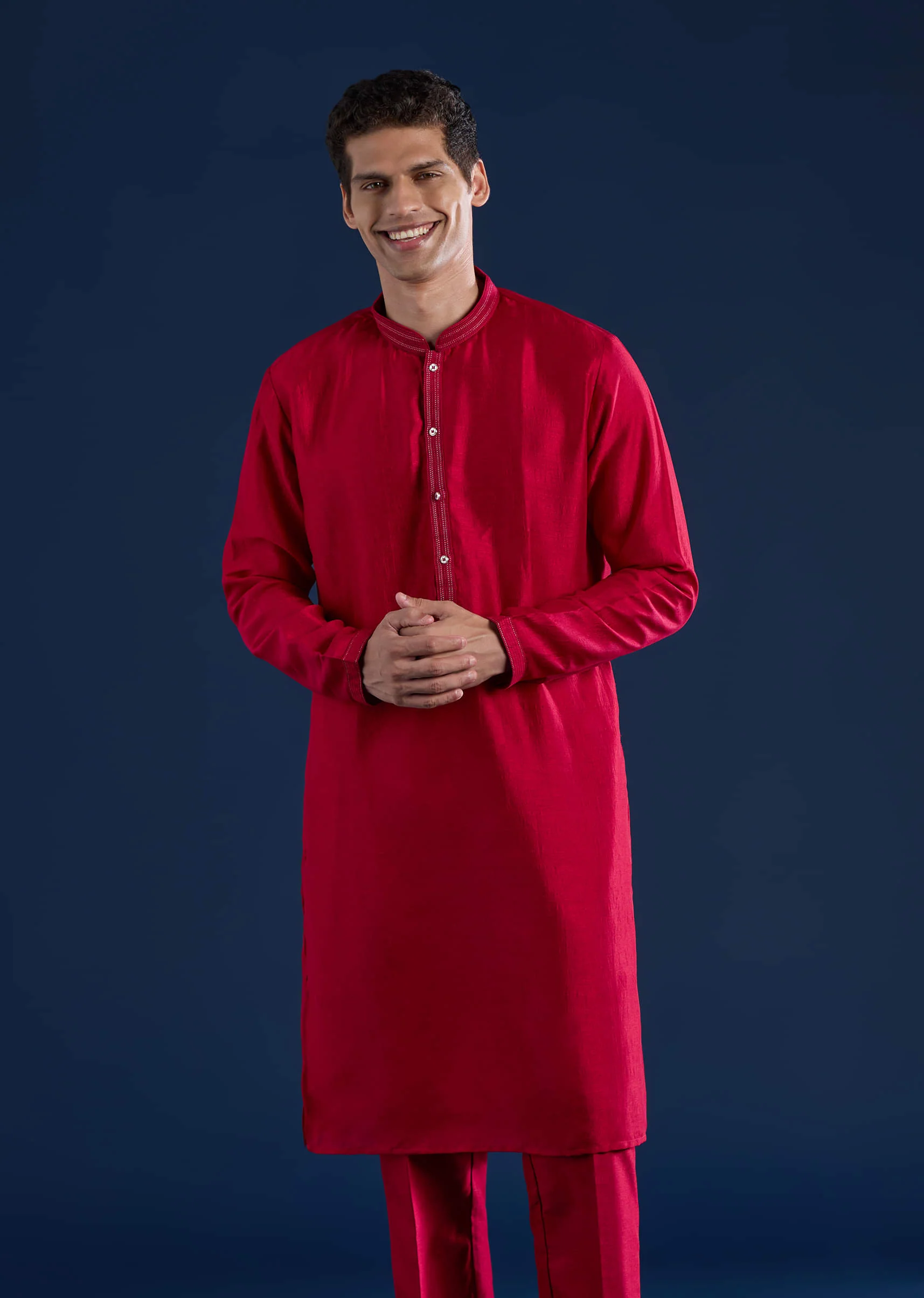 Red Silk Kurta and Jacket Set with Mirror Work - Image 6