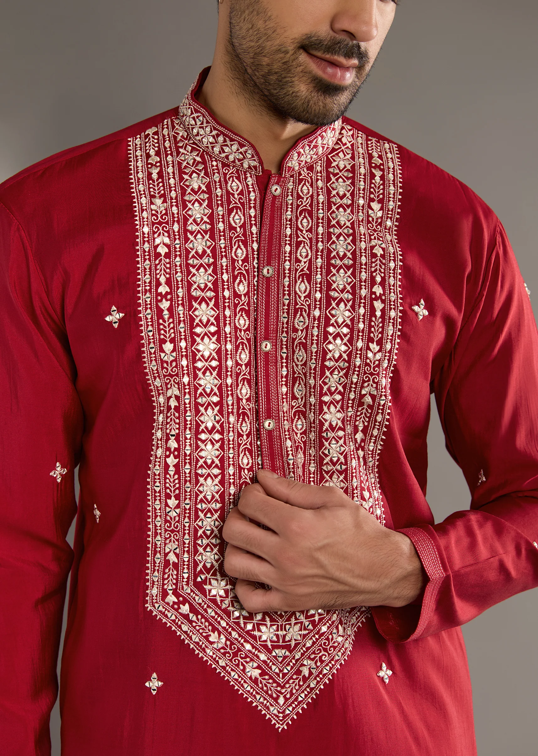 Red Silk Kurta Set For Men With Mirror And Thread Work - Image 2