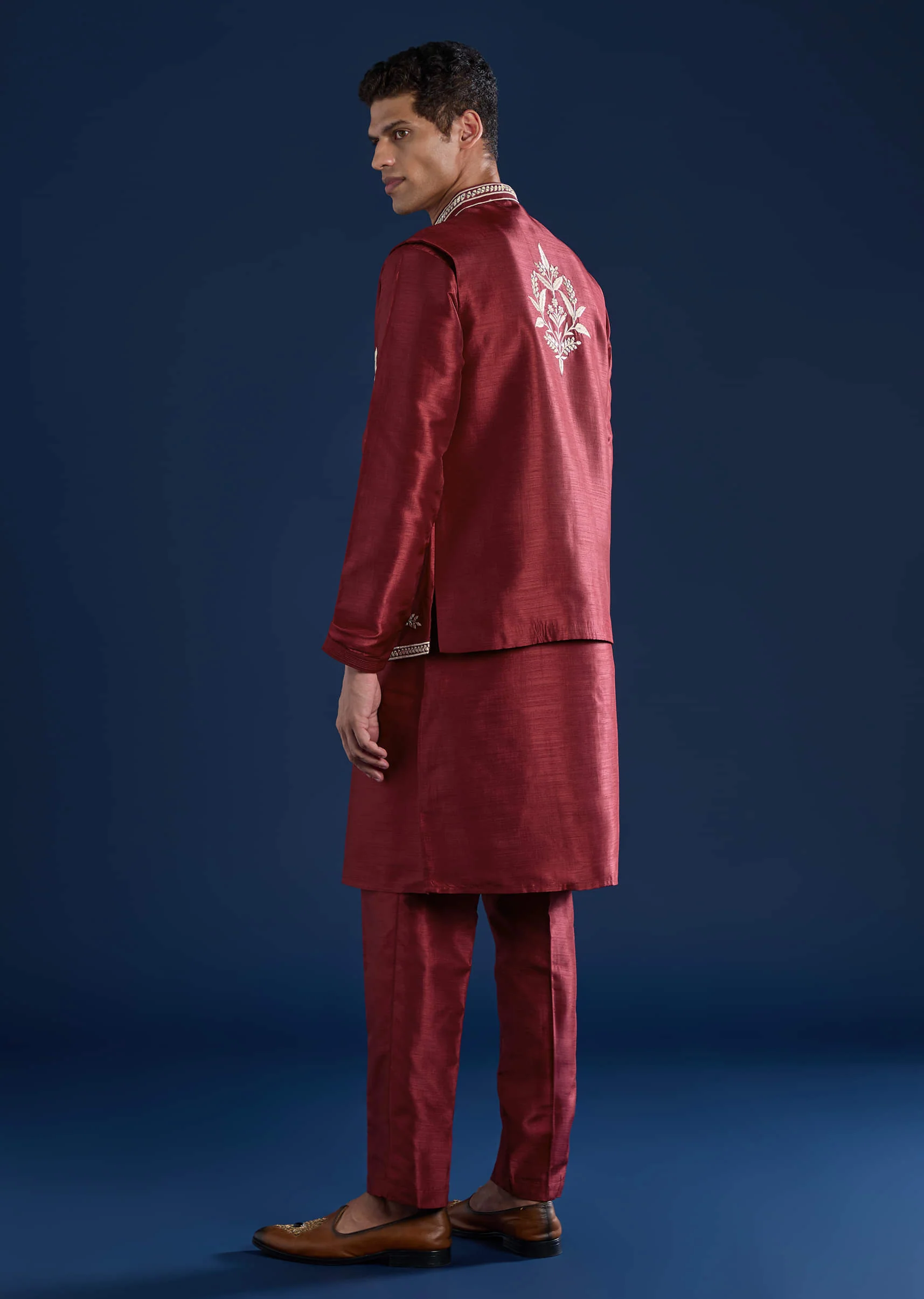 Red Silk Kurta With Mirror-Embellished Jacket - Image 5