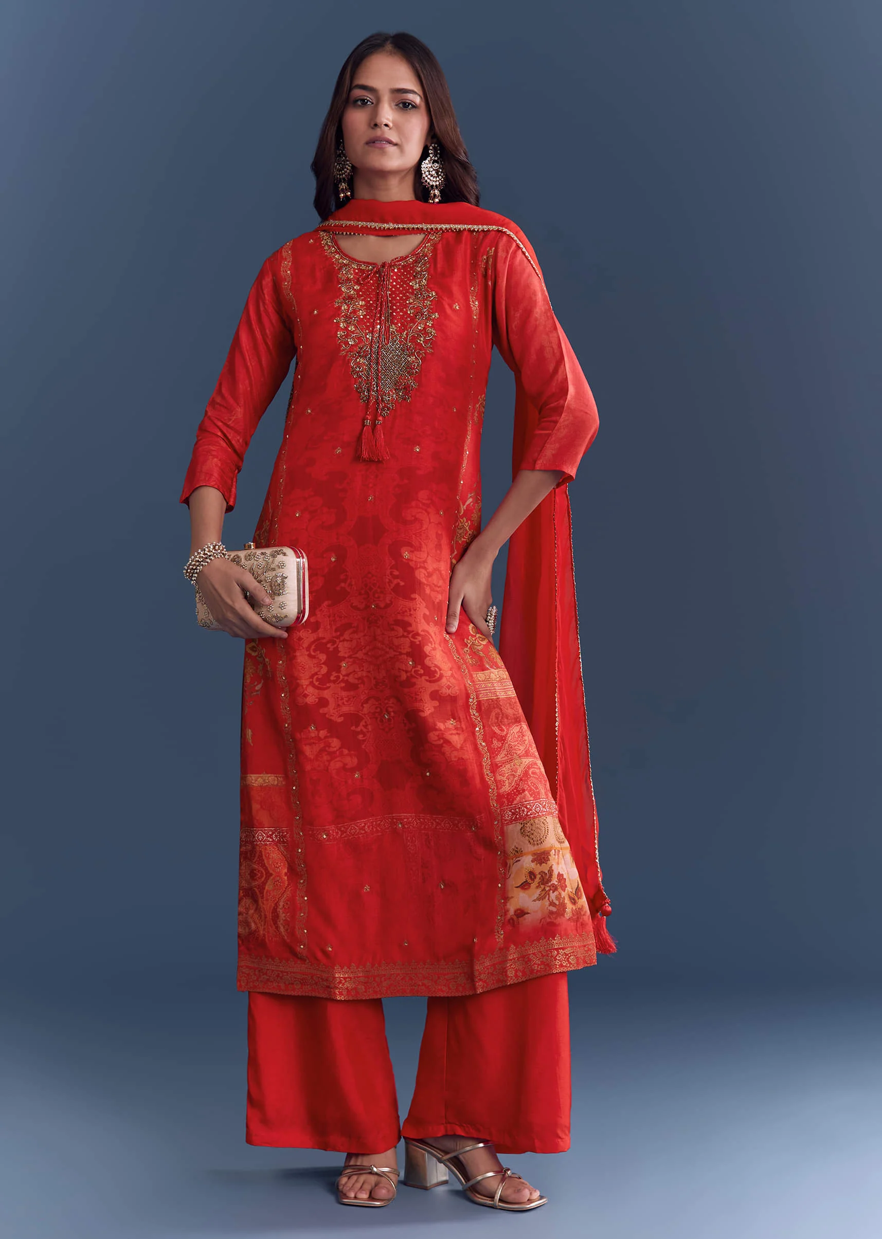 Red Silk Palazzo Suit With Indie Print And Hand Embroidery - Image 3