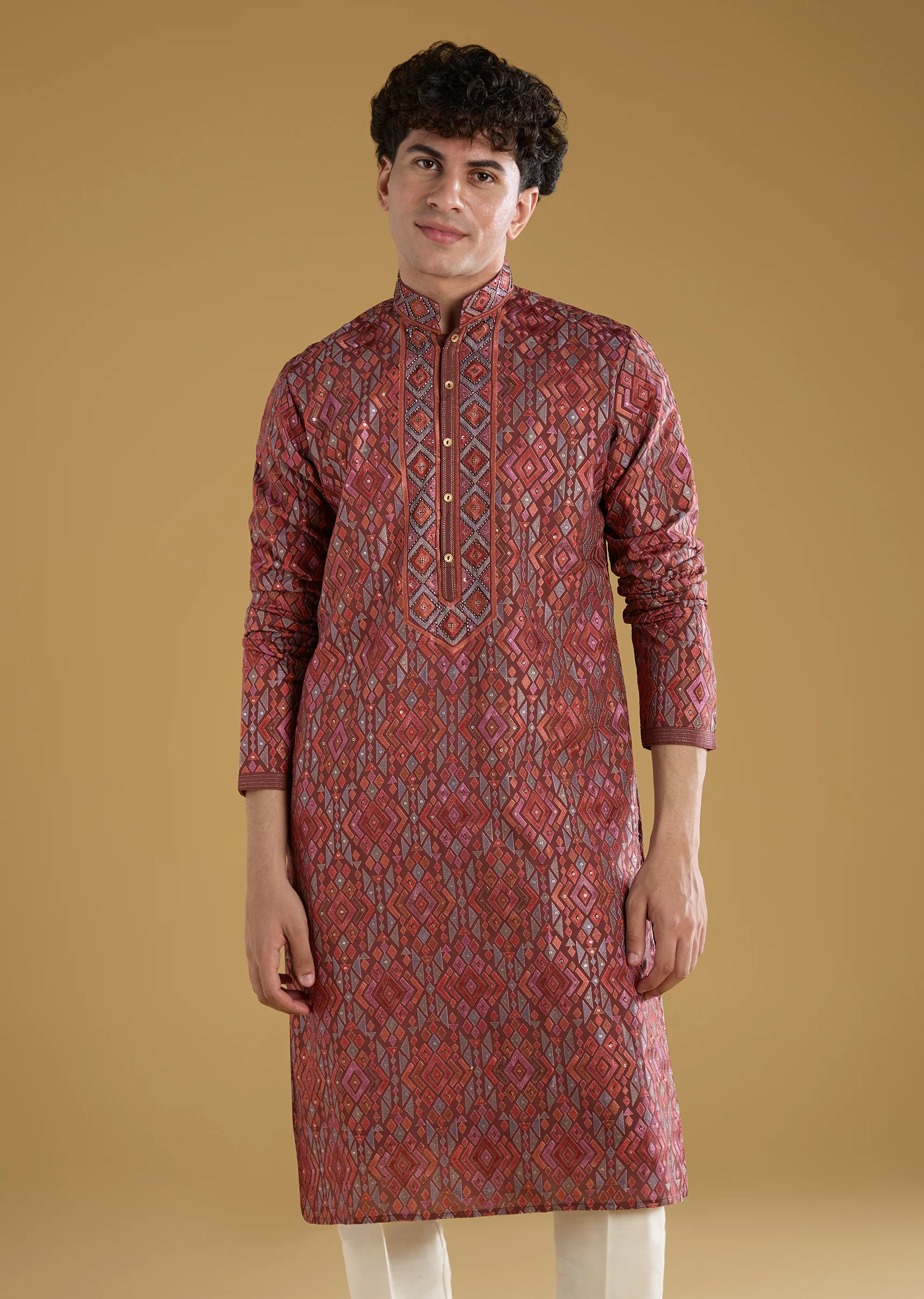 Red Silk Resham Motif Mens Kurta Pant Set - Image 5