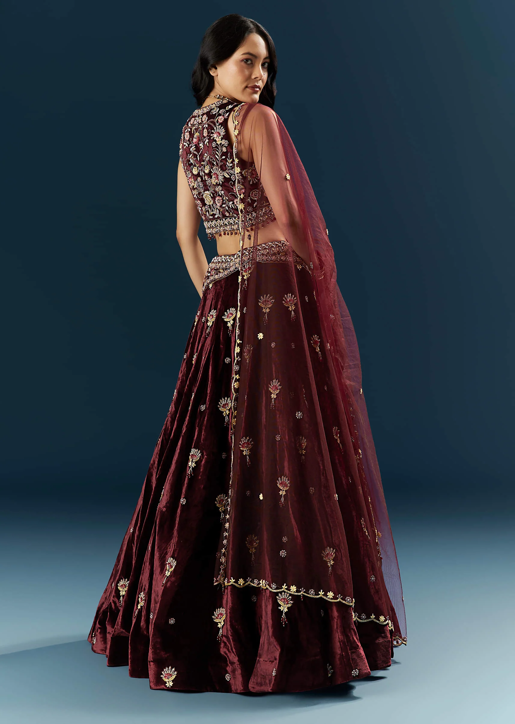 Red Velvet Bridal Lehenga With Cutdana And Beads Embroidery - Image 2