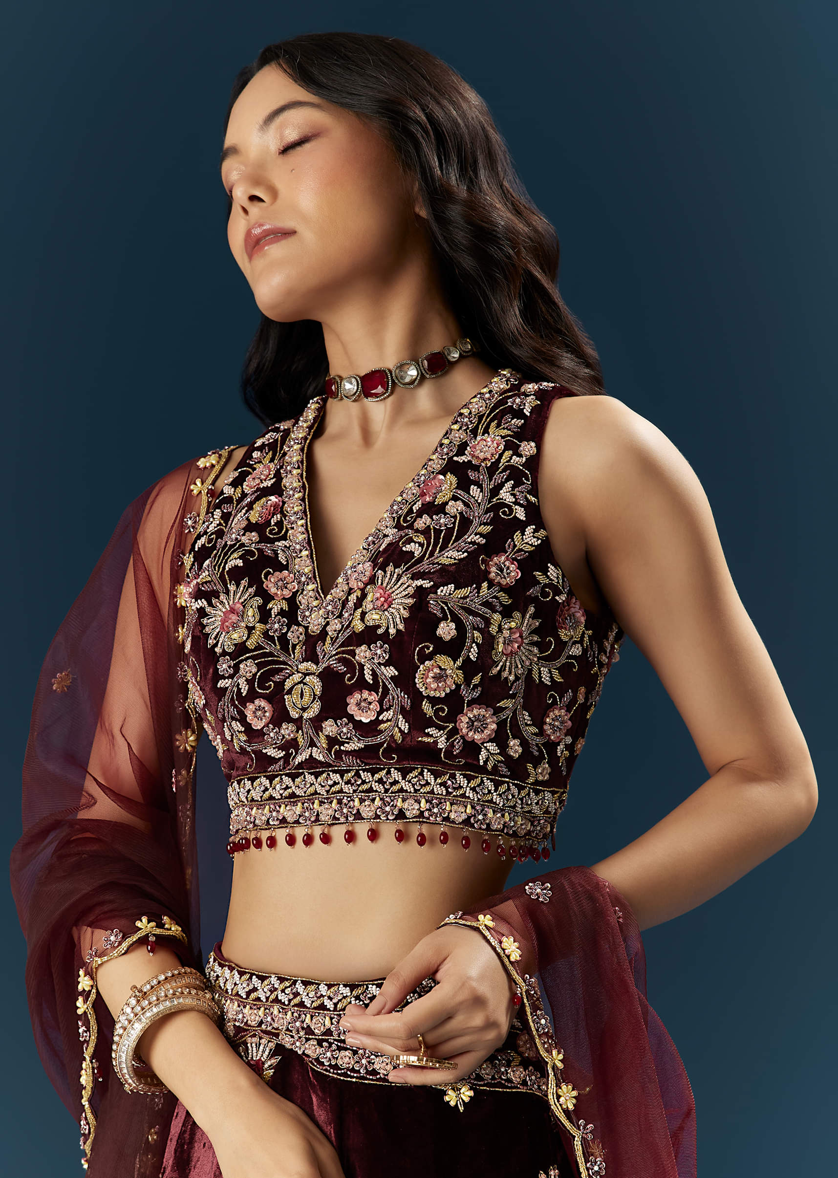 Red Velvet Bridal Lehenga With Cutdana And Beads Embroidery - Image 3