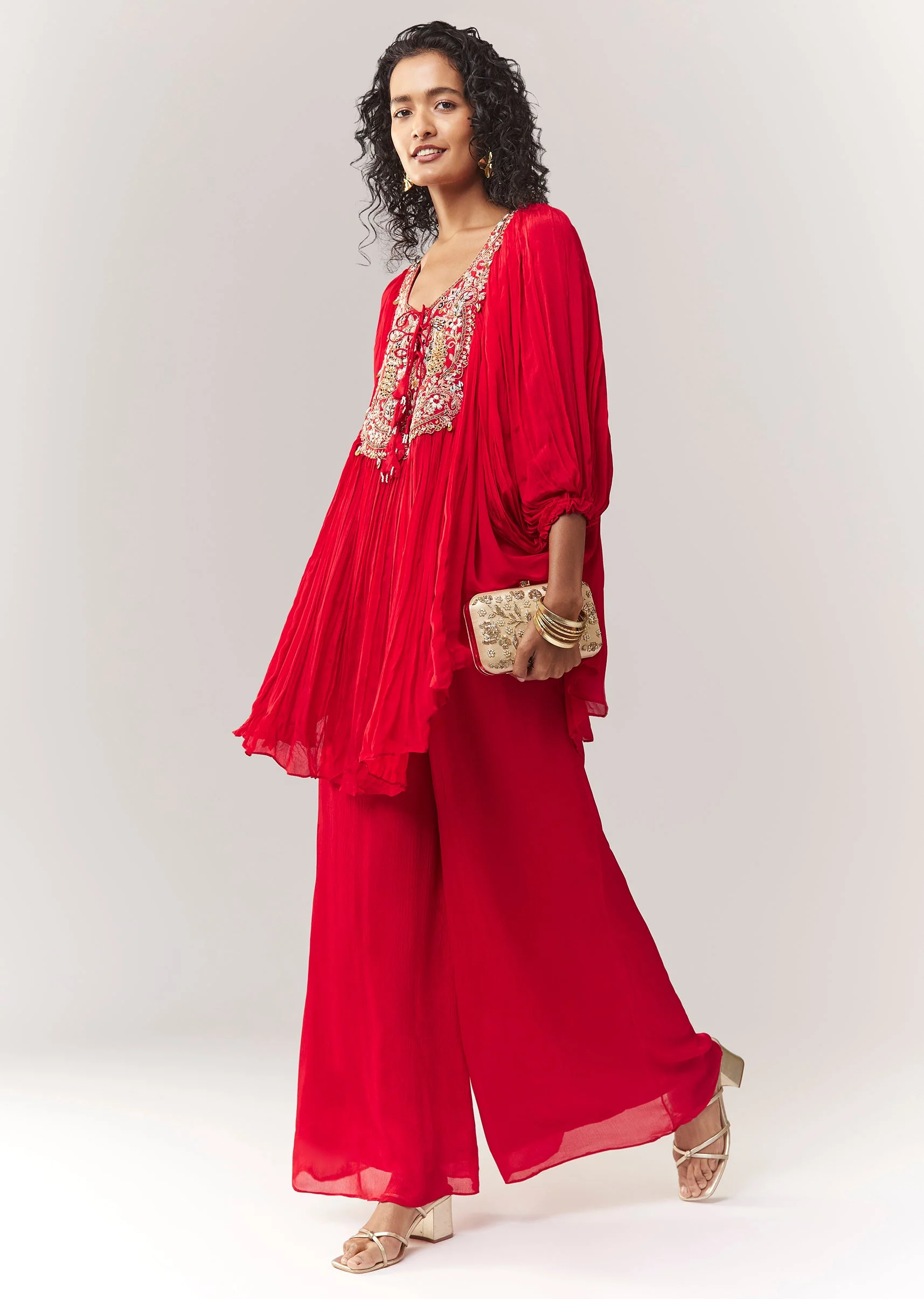 Red Zardosi And Thread Work Cape Set With Palazzo - Image 2