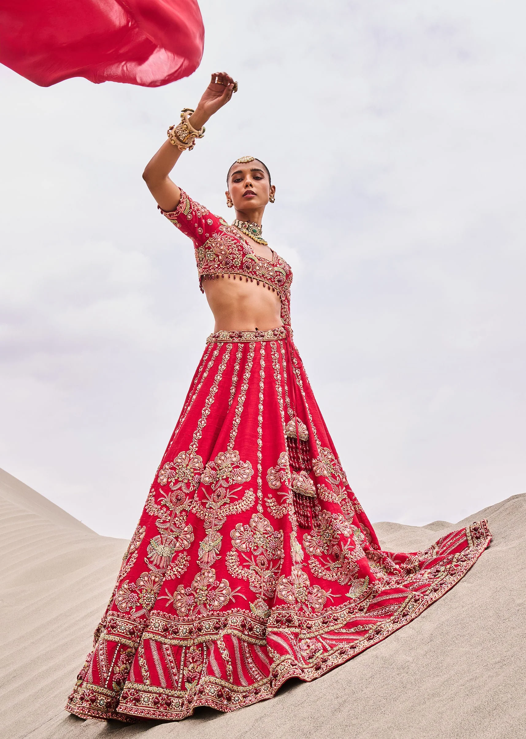 Red Zardosi Embroidered Lehenga Set With Two Dupattas - Image 3