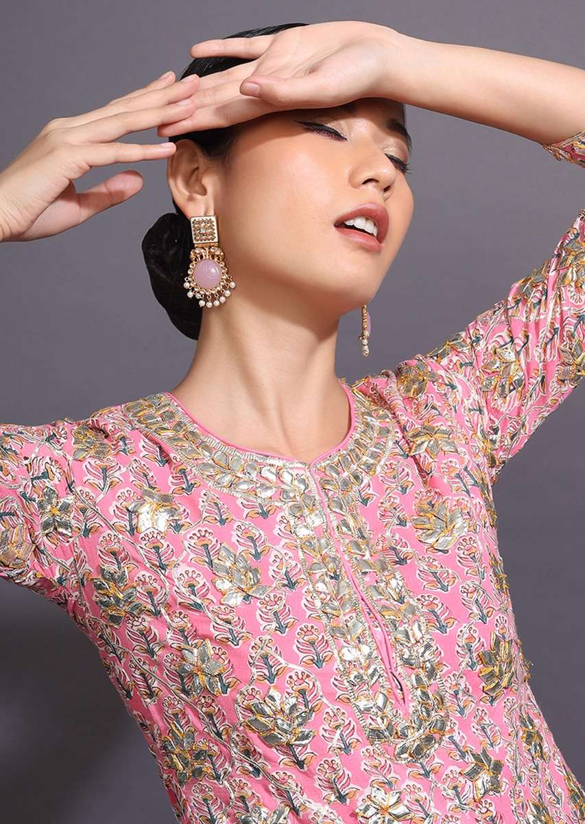Rose Pink Sharara Suit With Printed Buttis And Gotta Patti Accents - Image 7