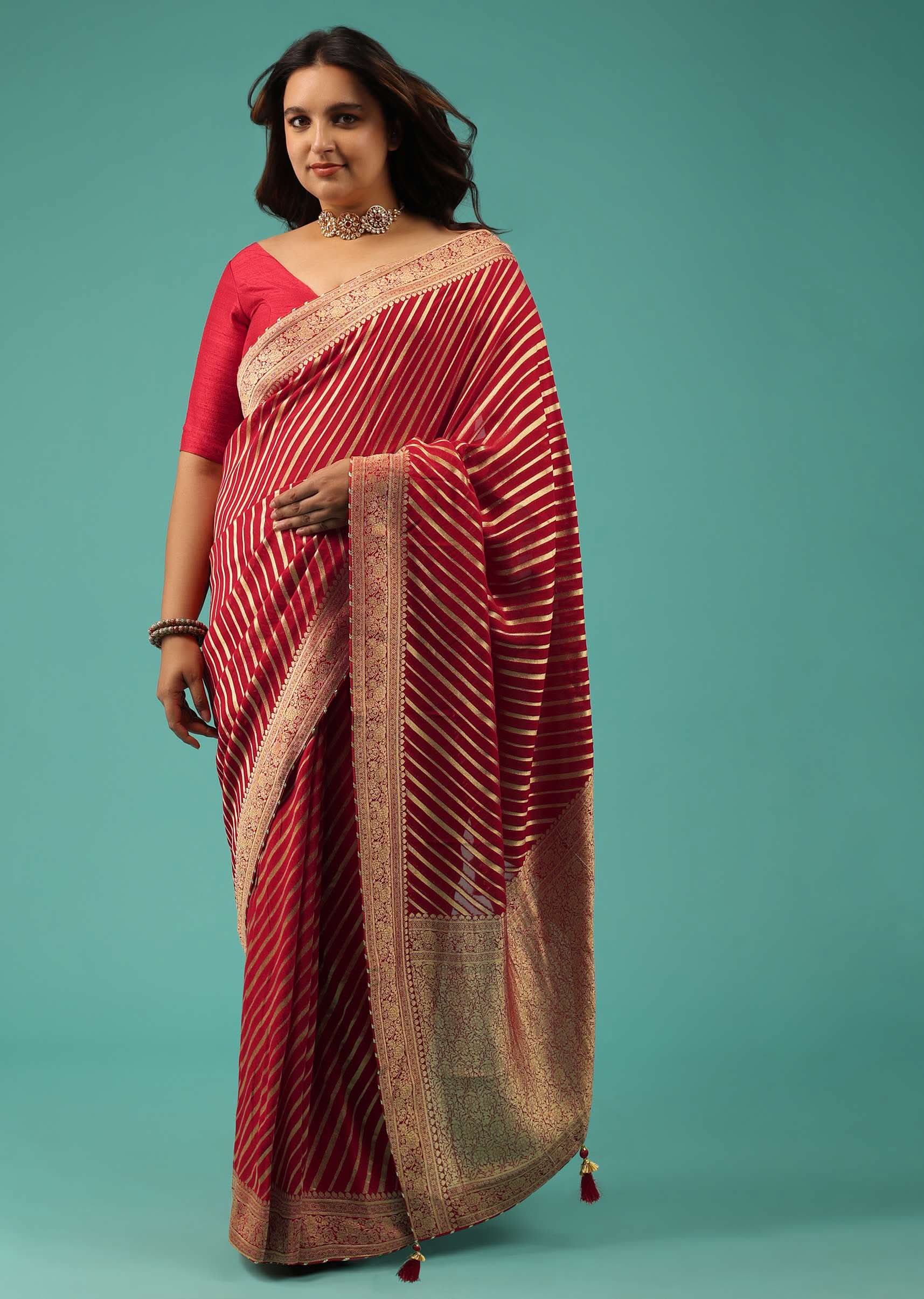Rose Red Georgette Saree With Brocade Woven Diagonal Stripes And Floral Border - Image 3