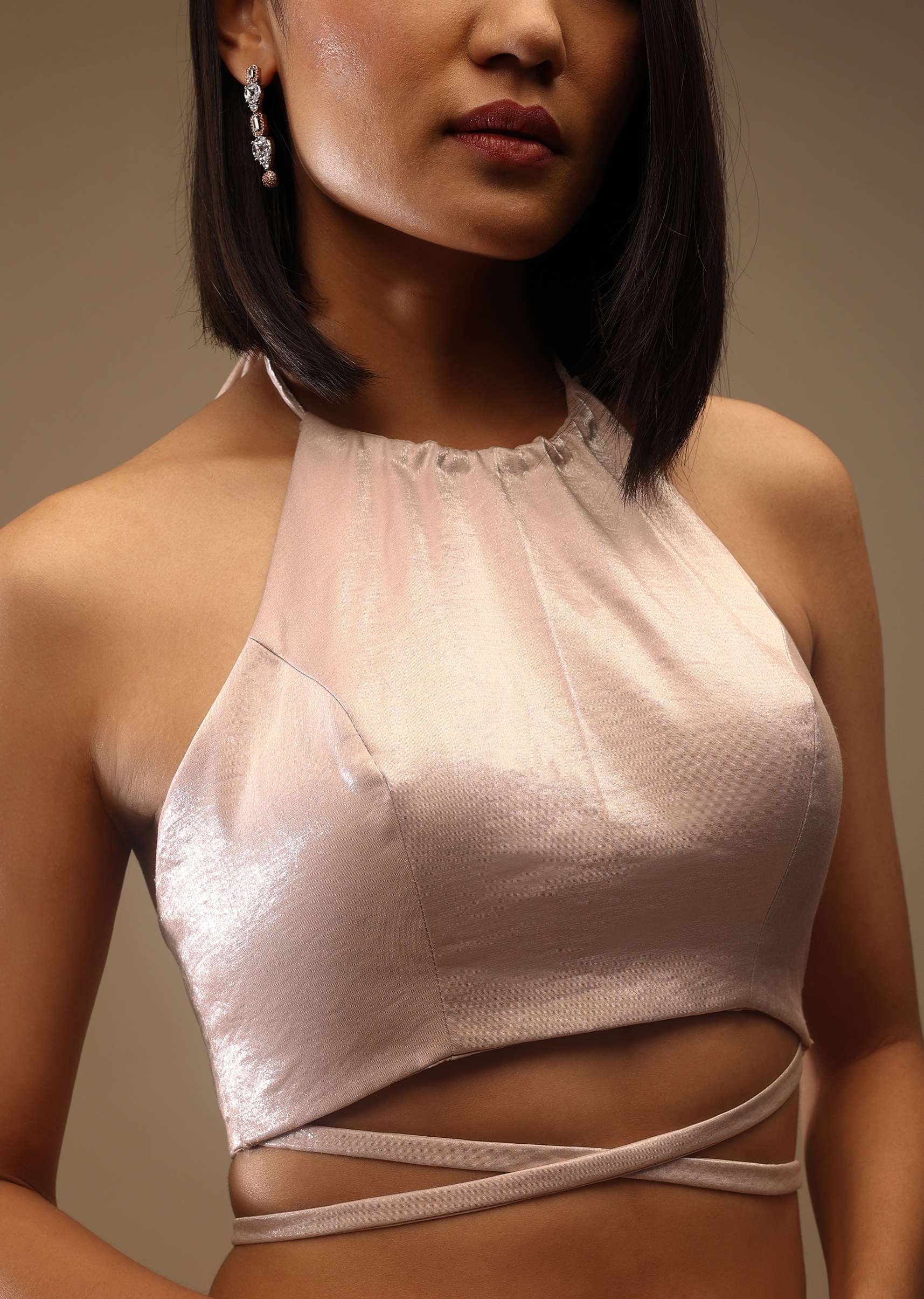 Rosewater Satin Halter Neckline Blouse With A Back Tie-Up. - Image 5