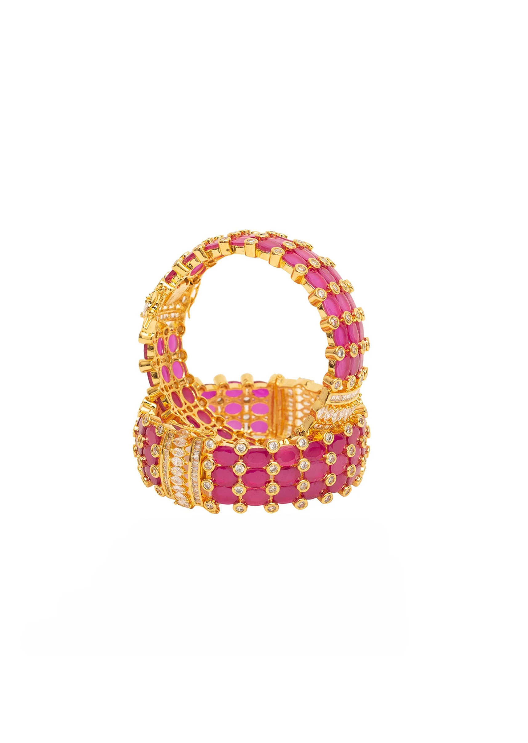Ruby Red And Gold Plated Pink Kundan Polki Bangles - Image 2