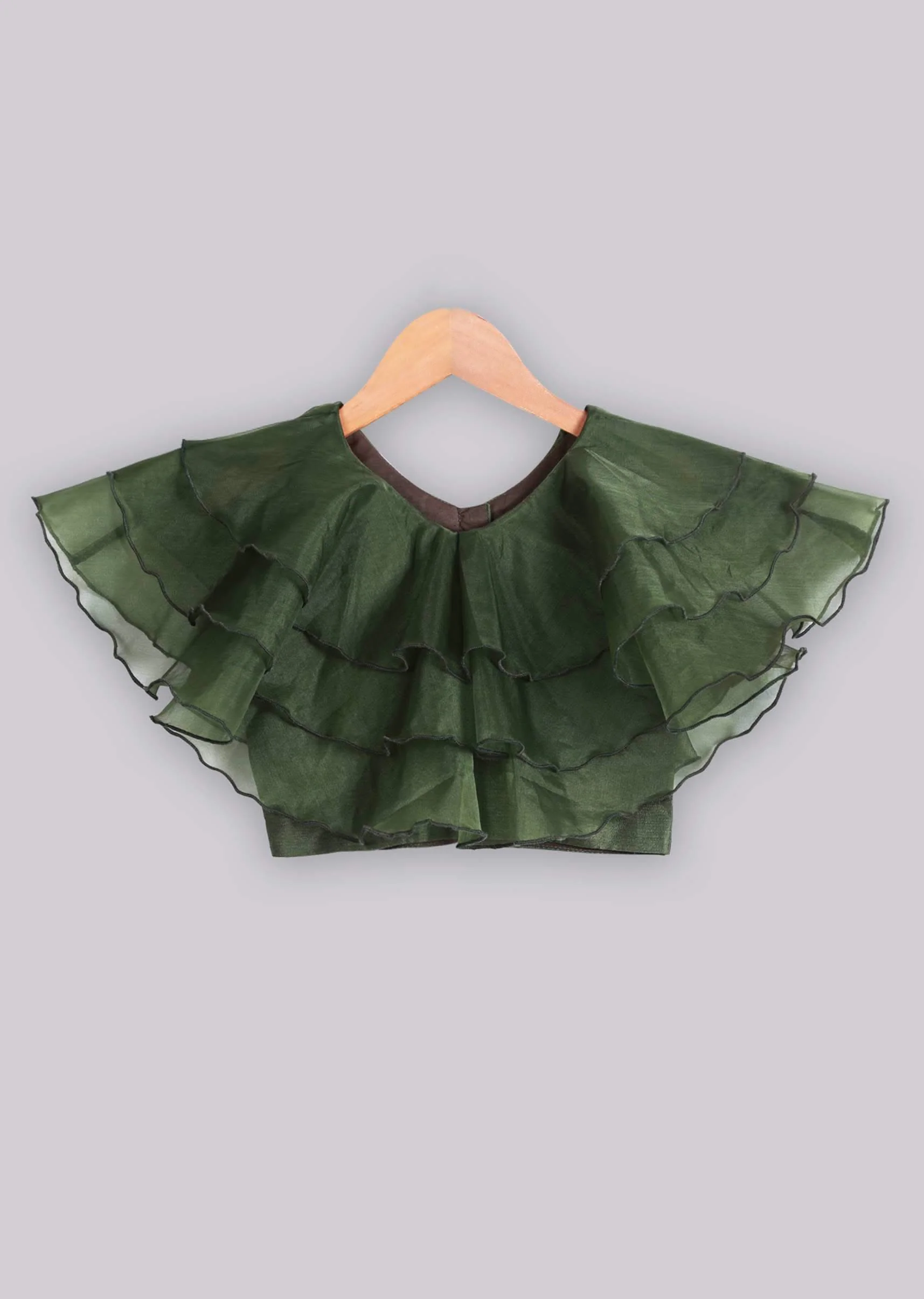 Kalki Girls Ruffle olive top with floral printed pink organza lehenga - Image 3