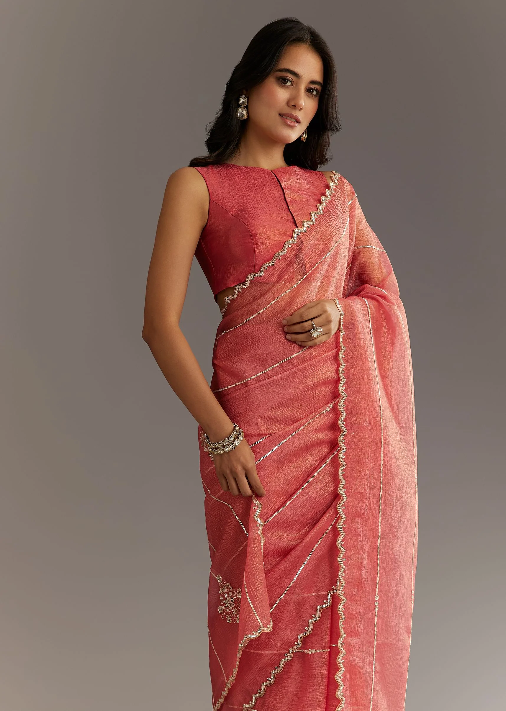 Rush Peach Crushed Tissue Saree With Scallop Embroidered Border - Image 5