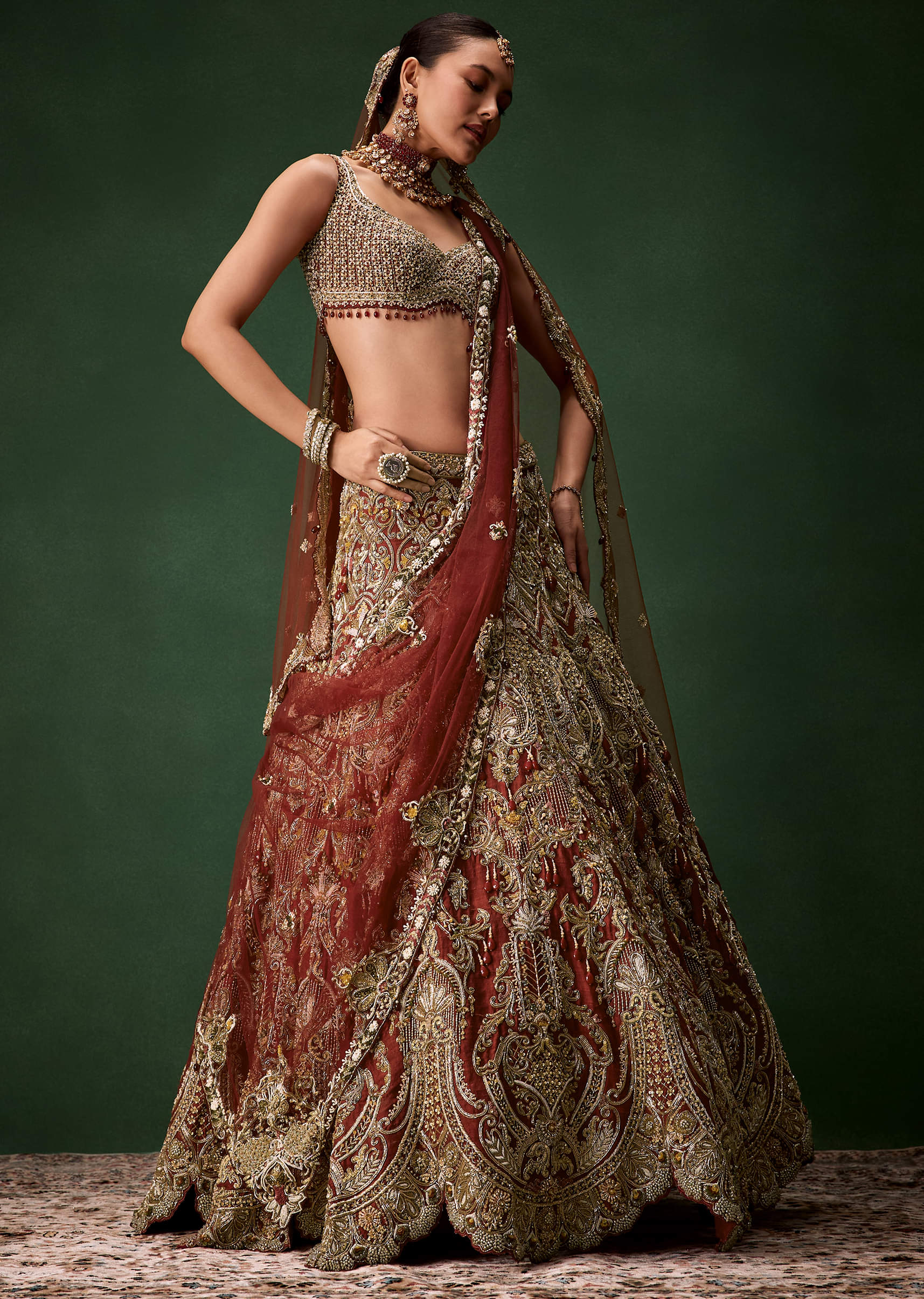 Rust Bridal Silk Embellished Lehenga Set with Two Dupattas - Image 4