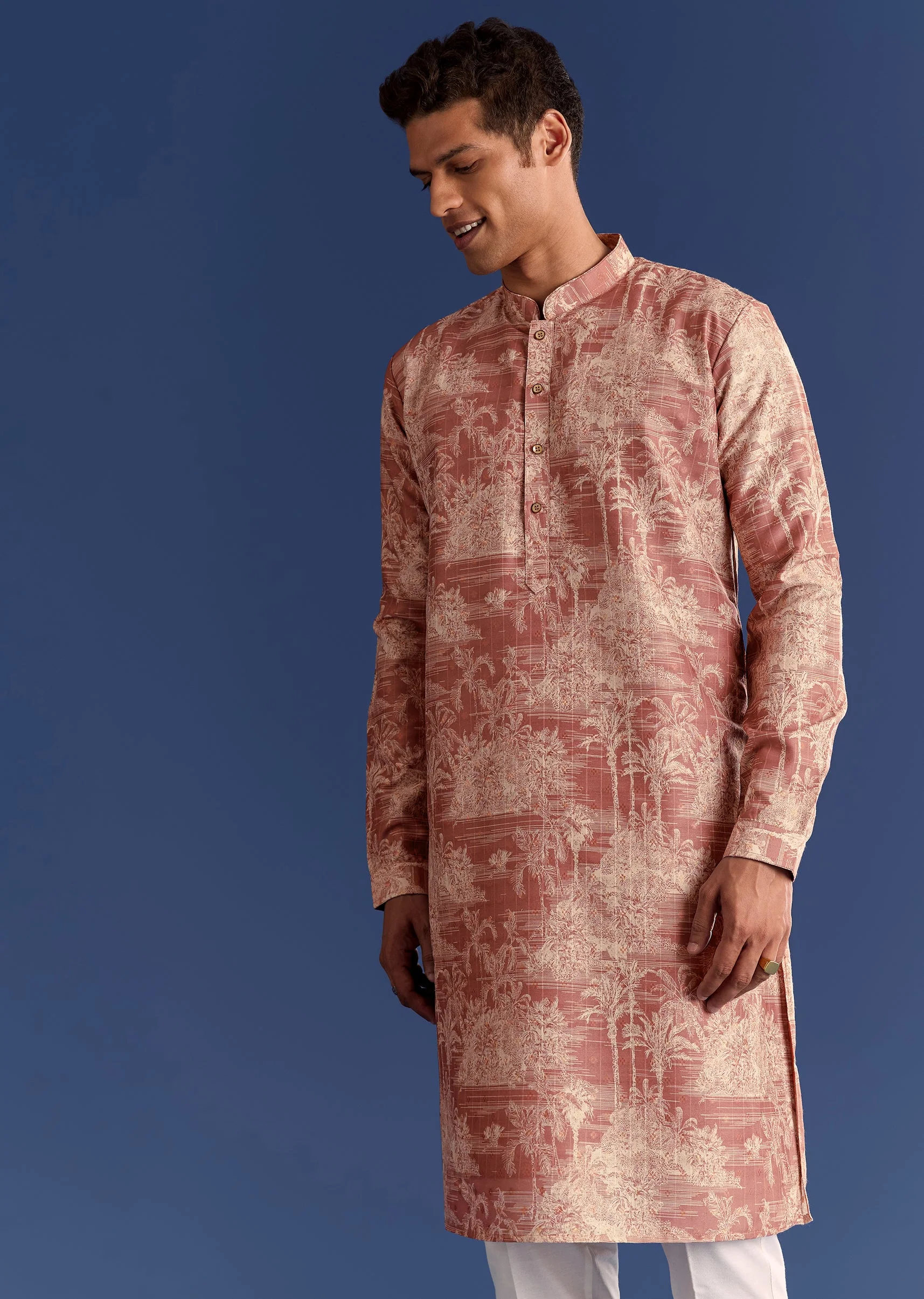 Rust Cotton Silk Kurta Jacket Set With Coastal Print - Image 6