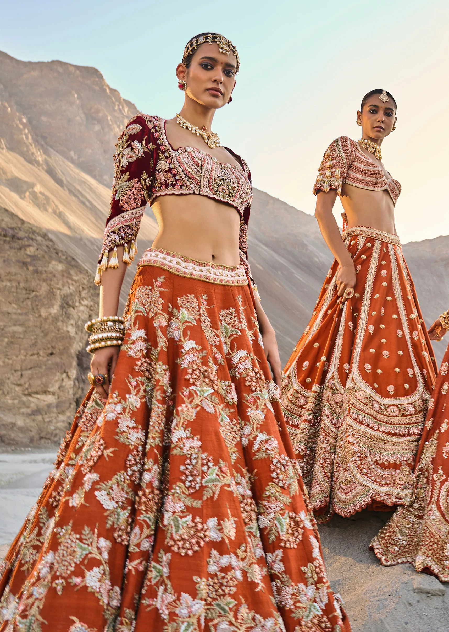 Rust Floral Embroidered Lehenga Set With Two Bordered Dupattas - Image 5