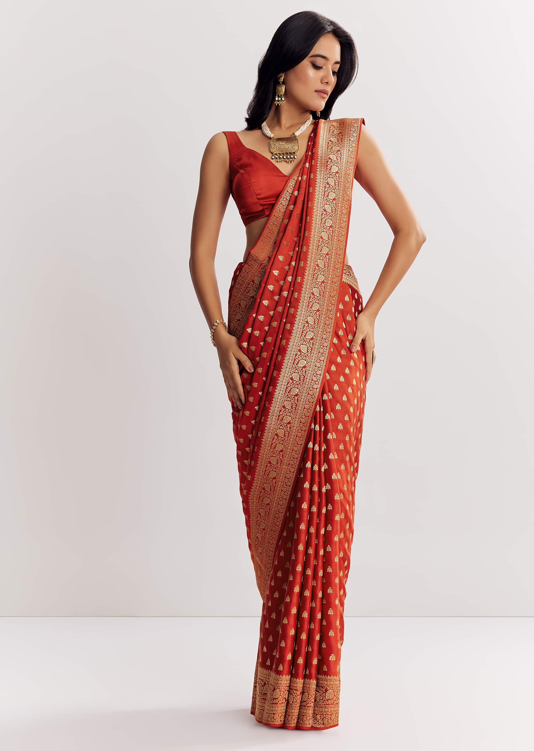Rust Orange Dola Silk Saree With Butti And Woven Border - Image 5