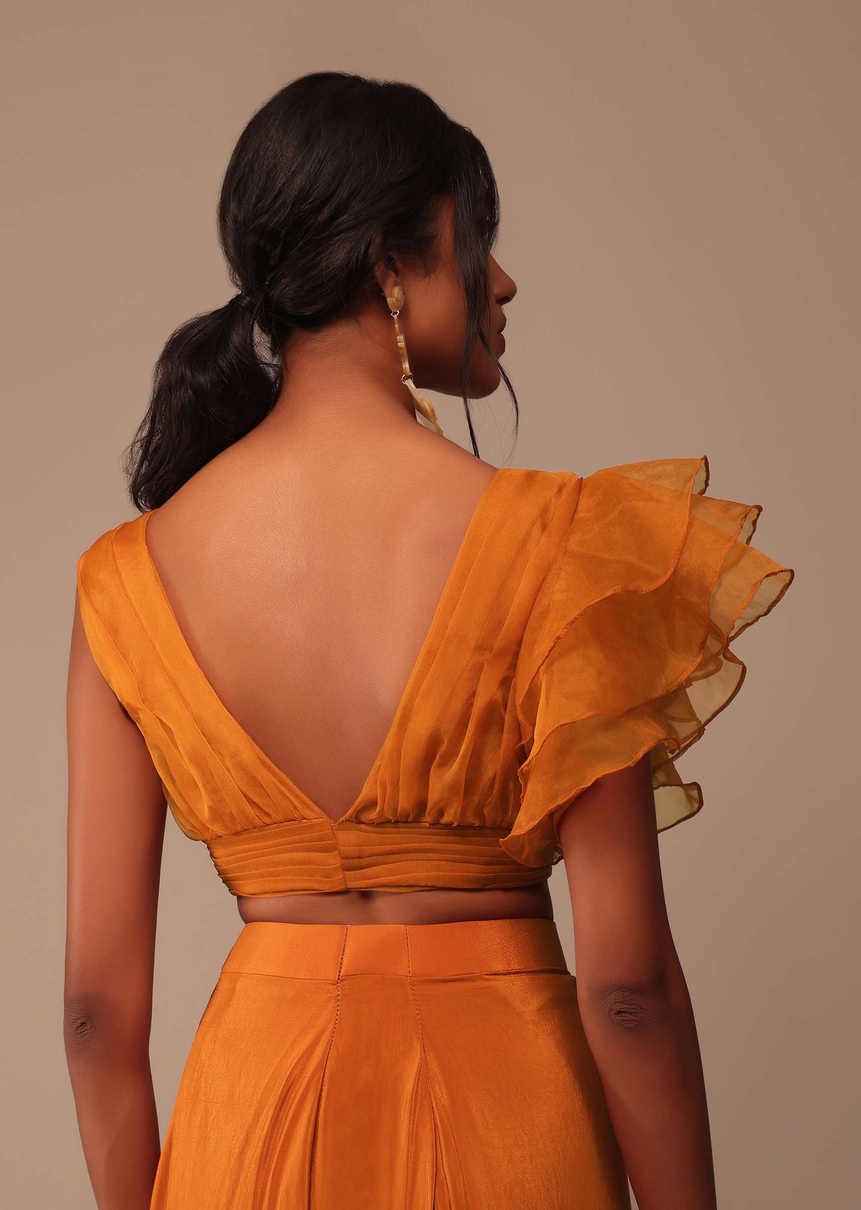 Rust Orange Saree With Fancy Ruffle Blouse And Embroidered Belt - Image 7
