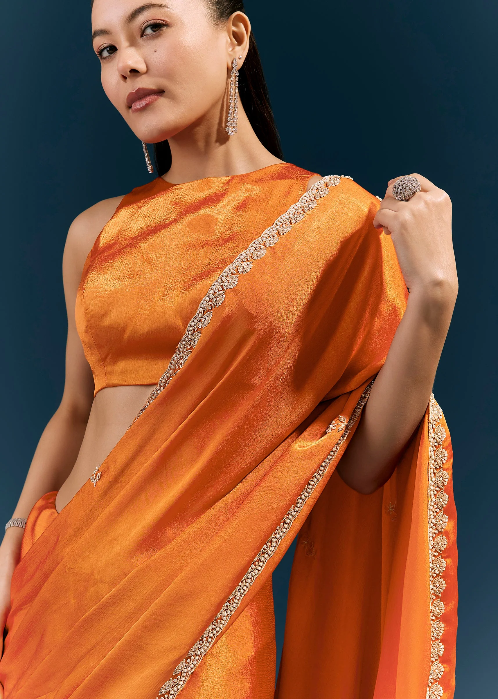 Rust Orange Satin Chinon Saree With Scalloped Border And Hand Embroidered Buttis - Image 2