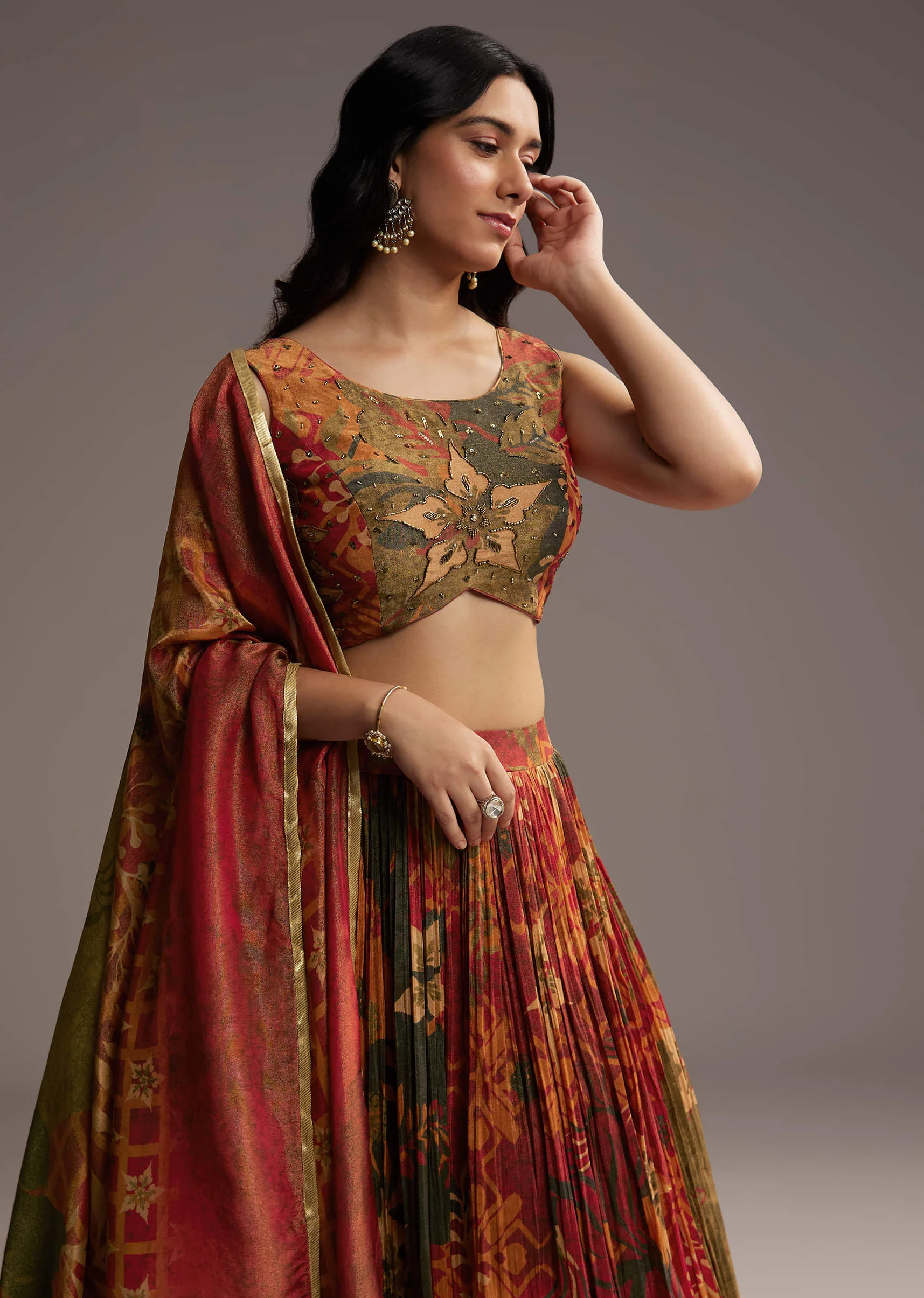 Rust Orange Tissue Lehenga Choli With Floral Print - Image 4