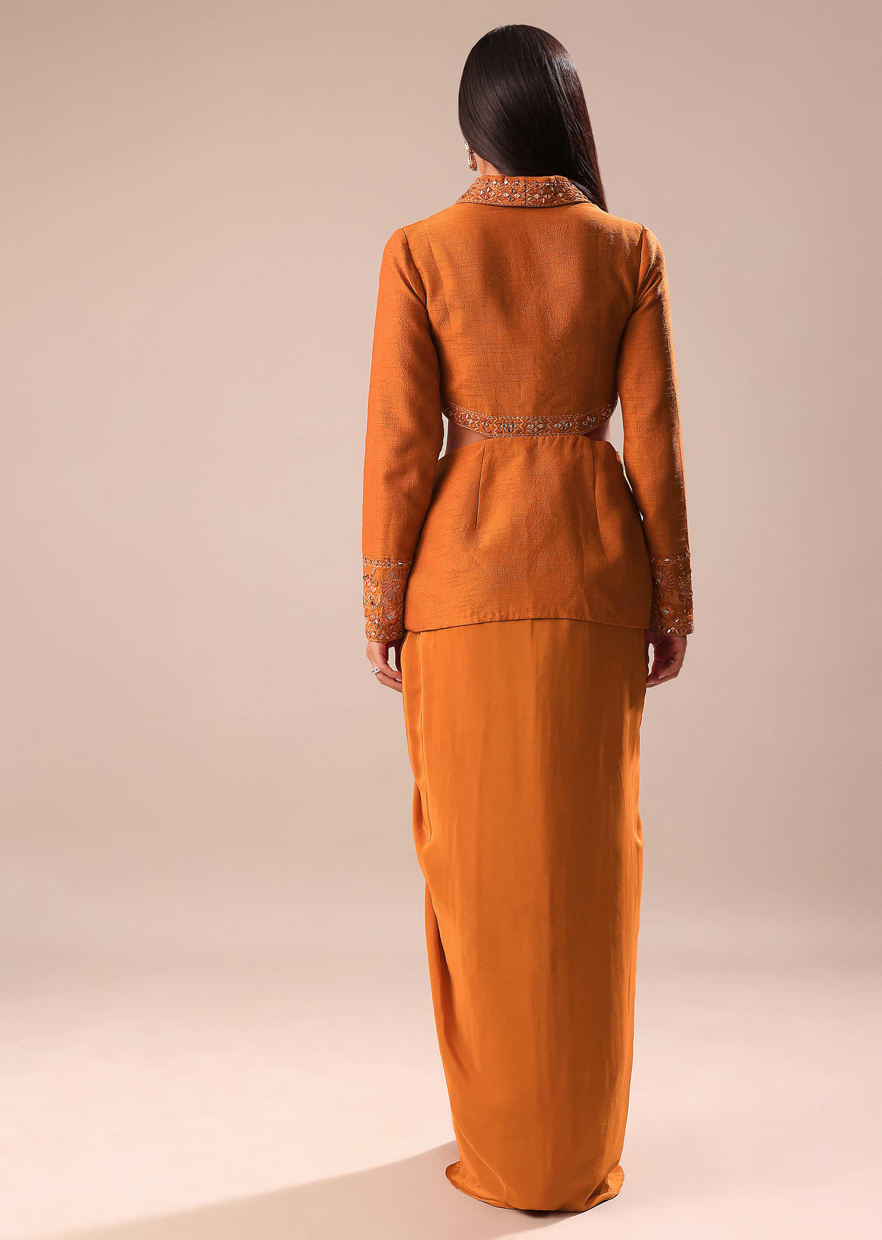 Rust Organza Jacket With Bustier And Draped Skirt - Image 8