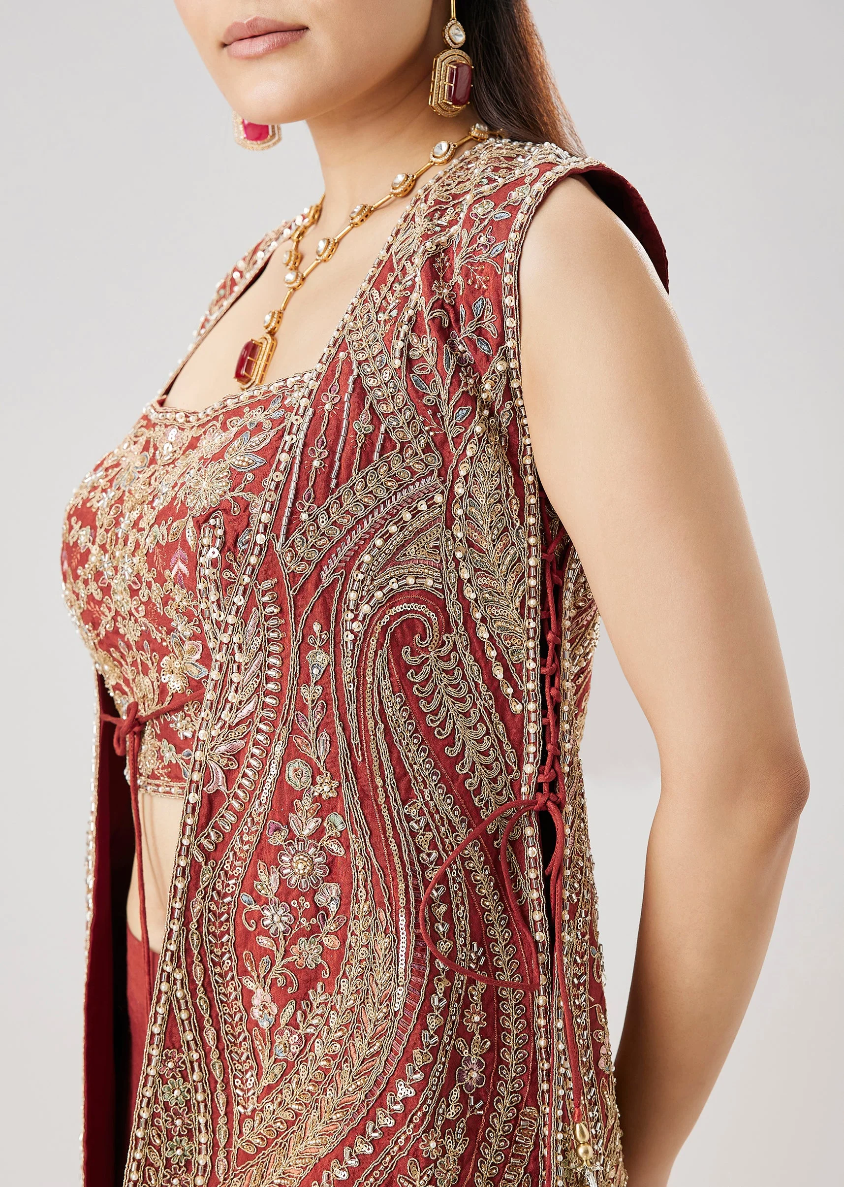 Rust Zari And Resham Embroidered Crop Top Palazzo Set With Jacket - Image 2